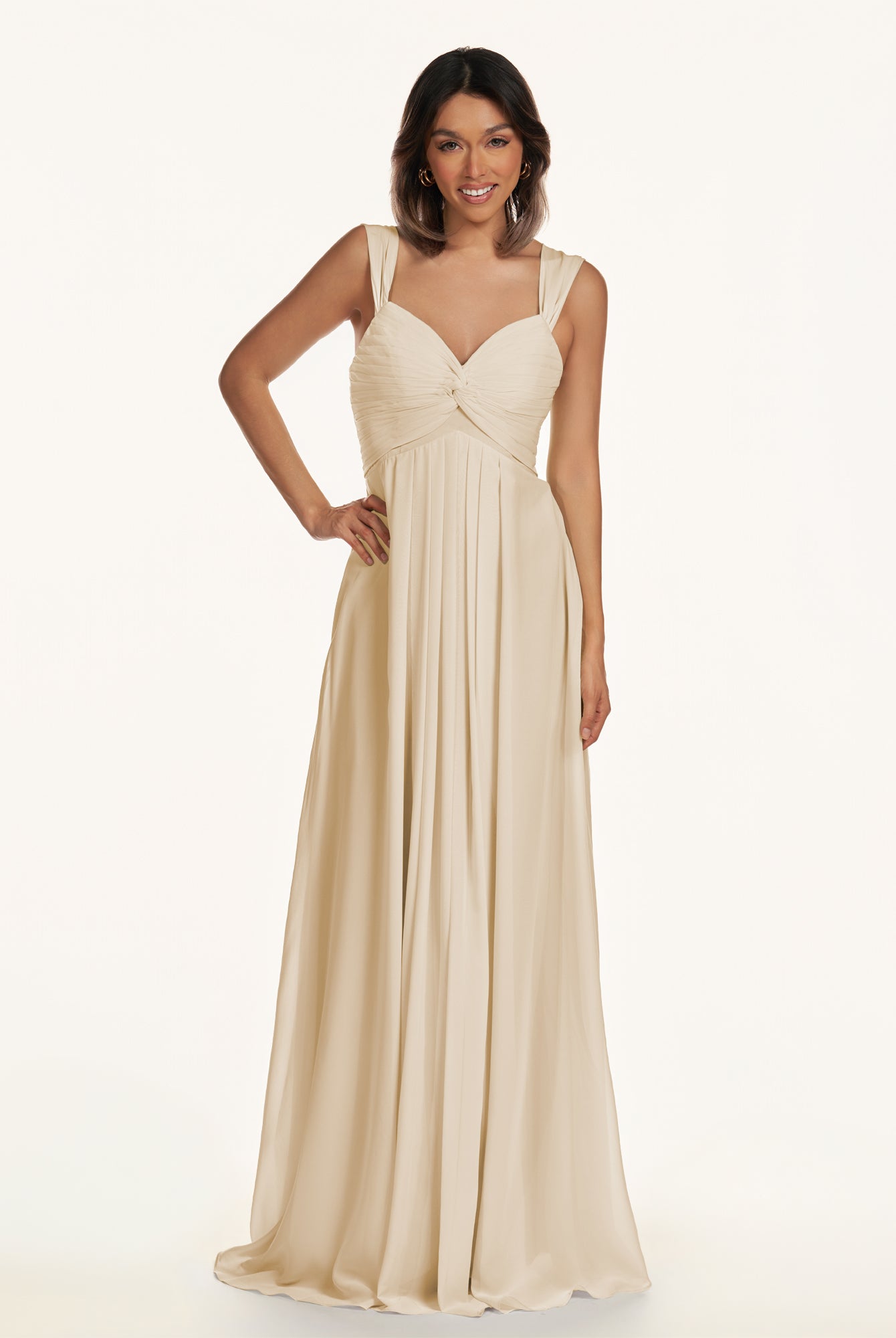 KissDress-Breona Champagne A Line Chiffon Off the Shoulder Twisted Long Bridesmaid Dress
