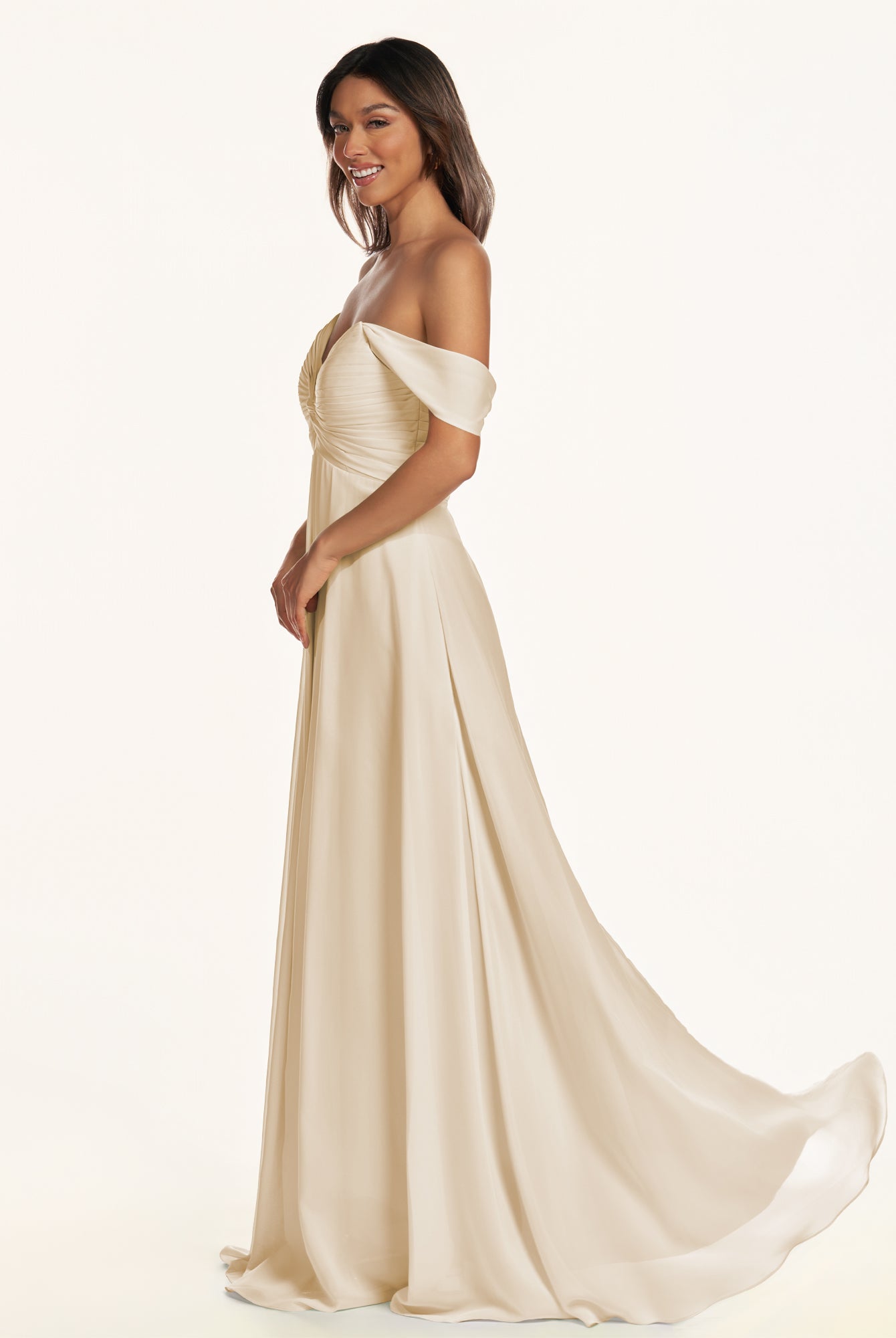 KissDress-Breona Champagne A Line Chiffon Off the Shoulder Twisted Long Bridesmaid Dress