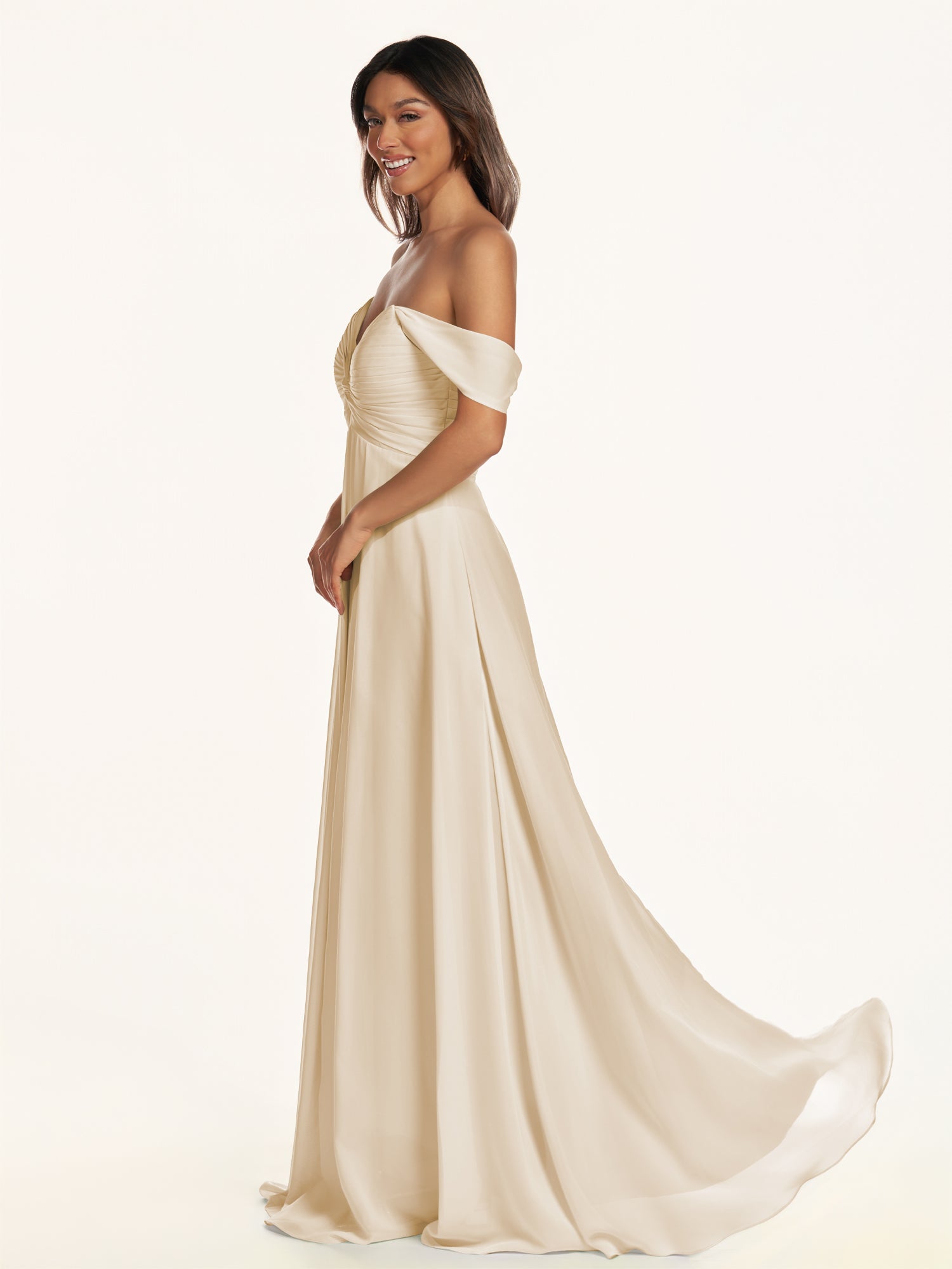 KissDress-Breona Champagne A Line Chiffon Off the Shoulder Twisted Long Bridesmaid Dress