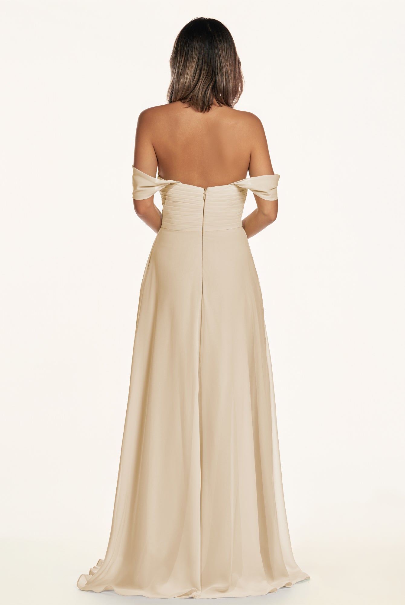 KissDress-Breona Champagne A Line Chiffon Off the Shoulder Twisted Long Bridesmaid Dress