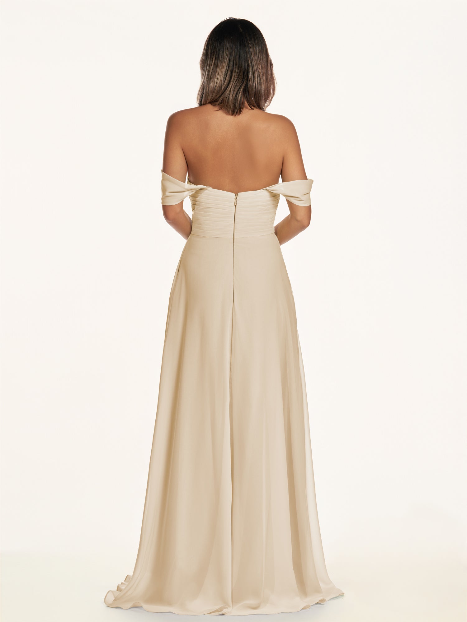 KissDress-Breona Champagne A Line Chiffon Off the Shoulder Twisted Long Bridesmaid Dress