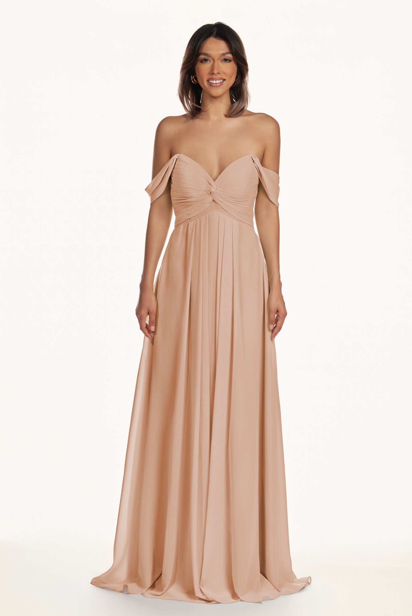 KissDress-Breona Champagne Rose A Line Chiffon Off the Shoulder Twisted Long Bridesmaid Dress