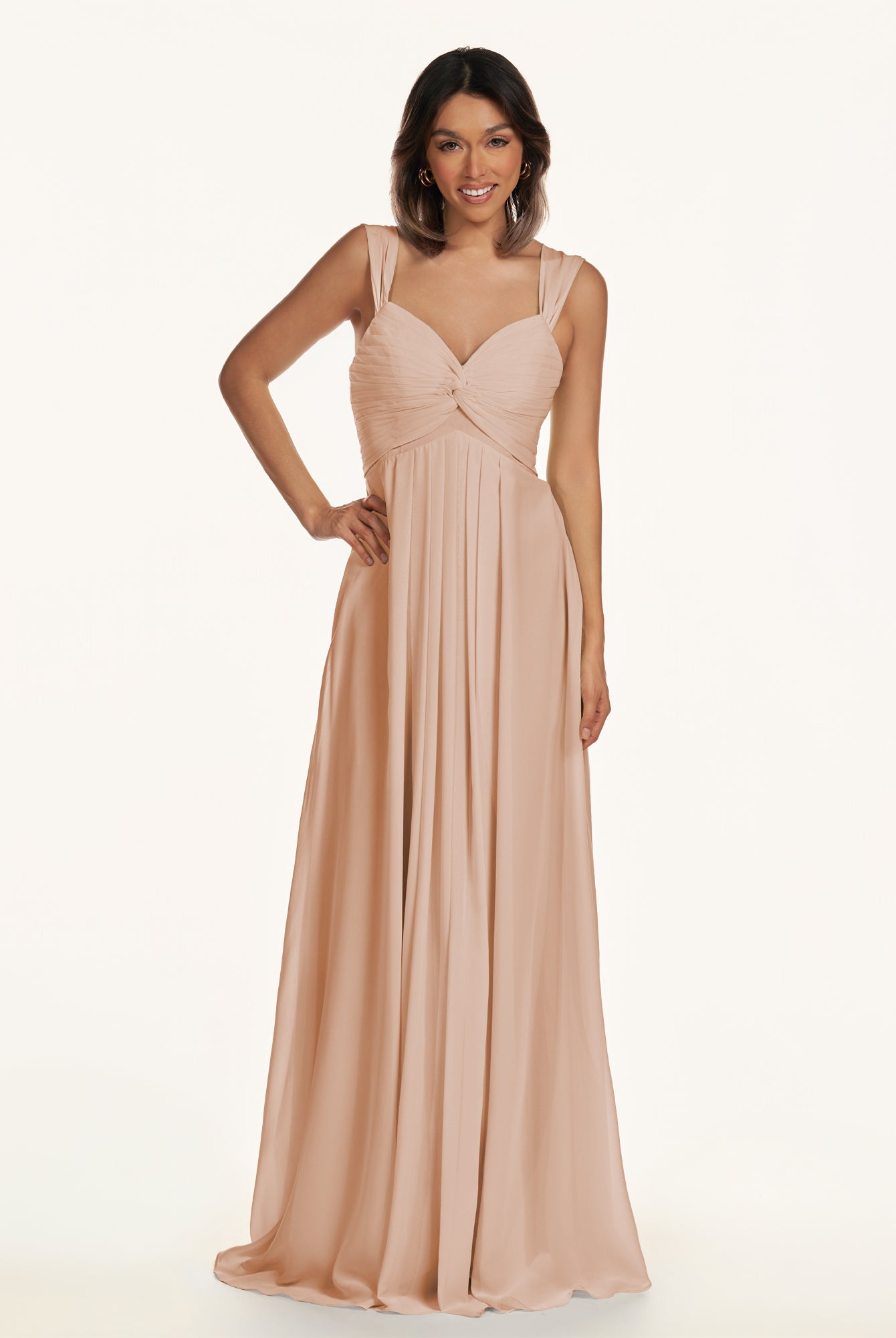 KissDress-Breona Champagne Rose A Line Chiffon Off the Shoulder Twisted Long Bridesmaid Dress