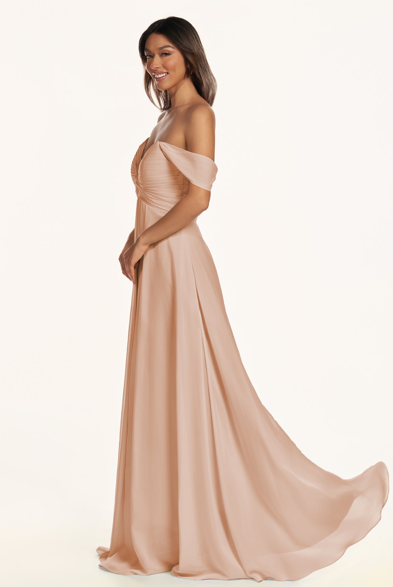 KissDress-Breona Champagne Rose A Line Chiffon Off the Shoulder Twisted Long Bridesmaid Dress