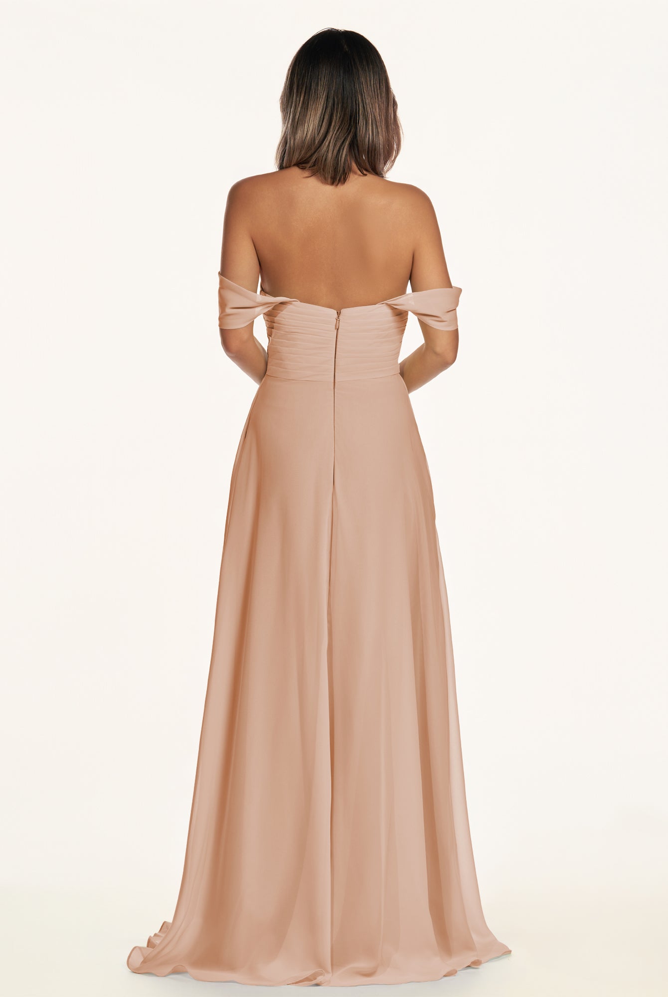 KissDress-Breona Champagne Rose A Line Chiffon Off the Shoulder Twisted Long Bridesmaid Dress