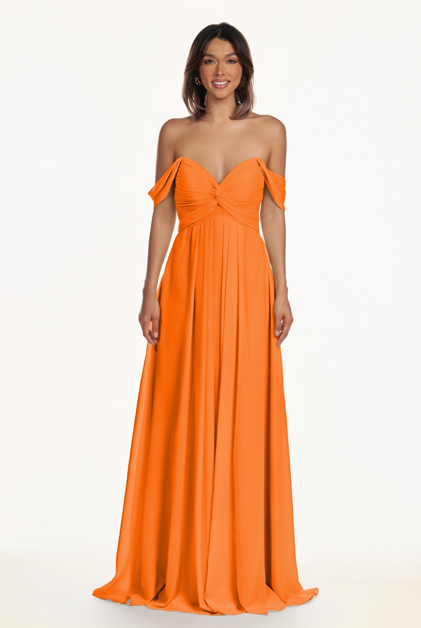 KissDress-Breona Cinnamon A Line Chiffon Off the Shoulder Twisted Long Bridesmaid Dress
