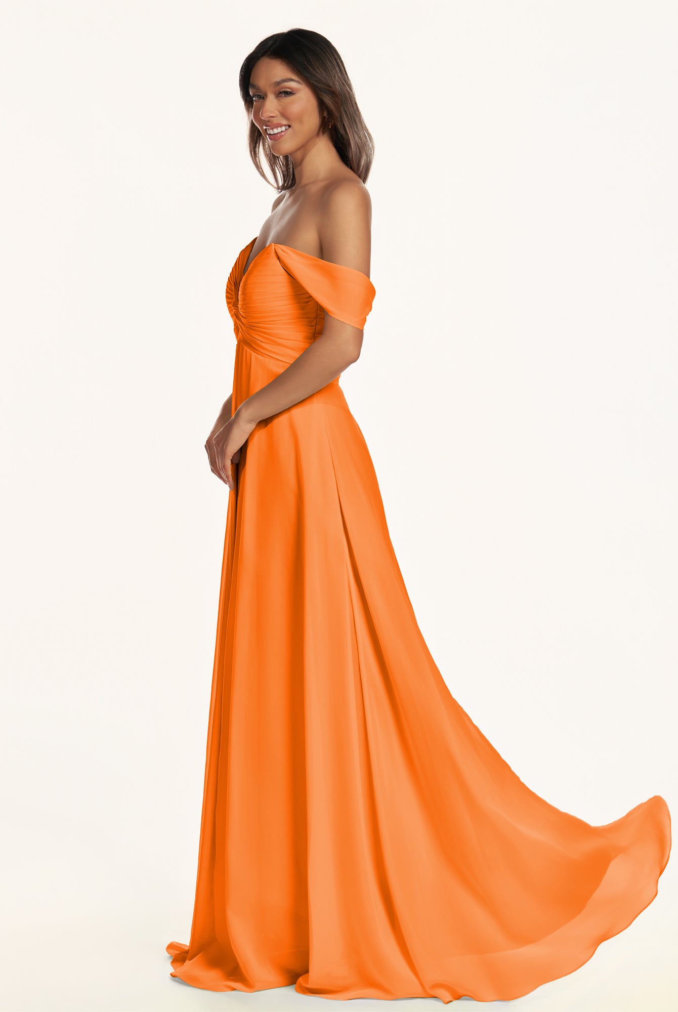 KissDress-Breona Cinnamon A Line Chiffon Off the Shoulder Twisted Long Bridesmaid Dress