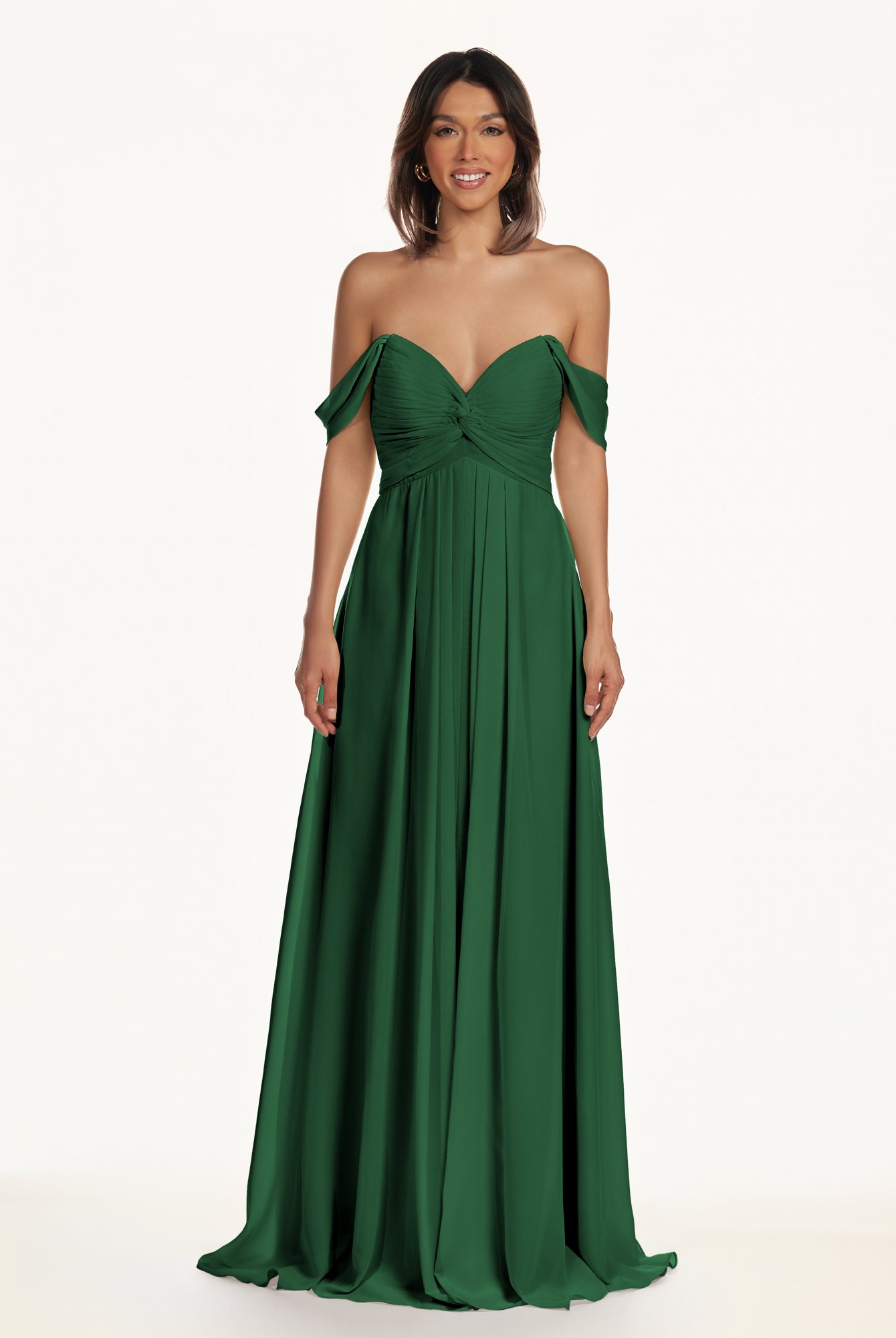 KissDress-Breona Dark Green A Line Chiffon Off the Shoulder Twisted Long Bridesmaid Dress