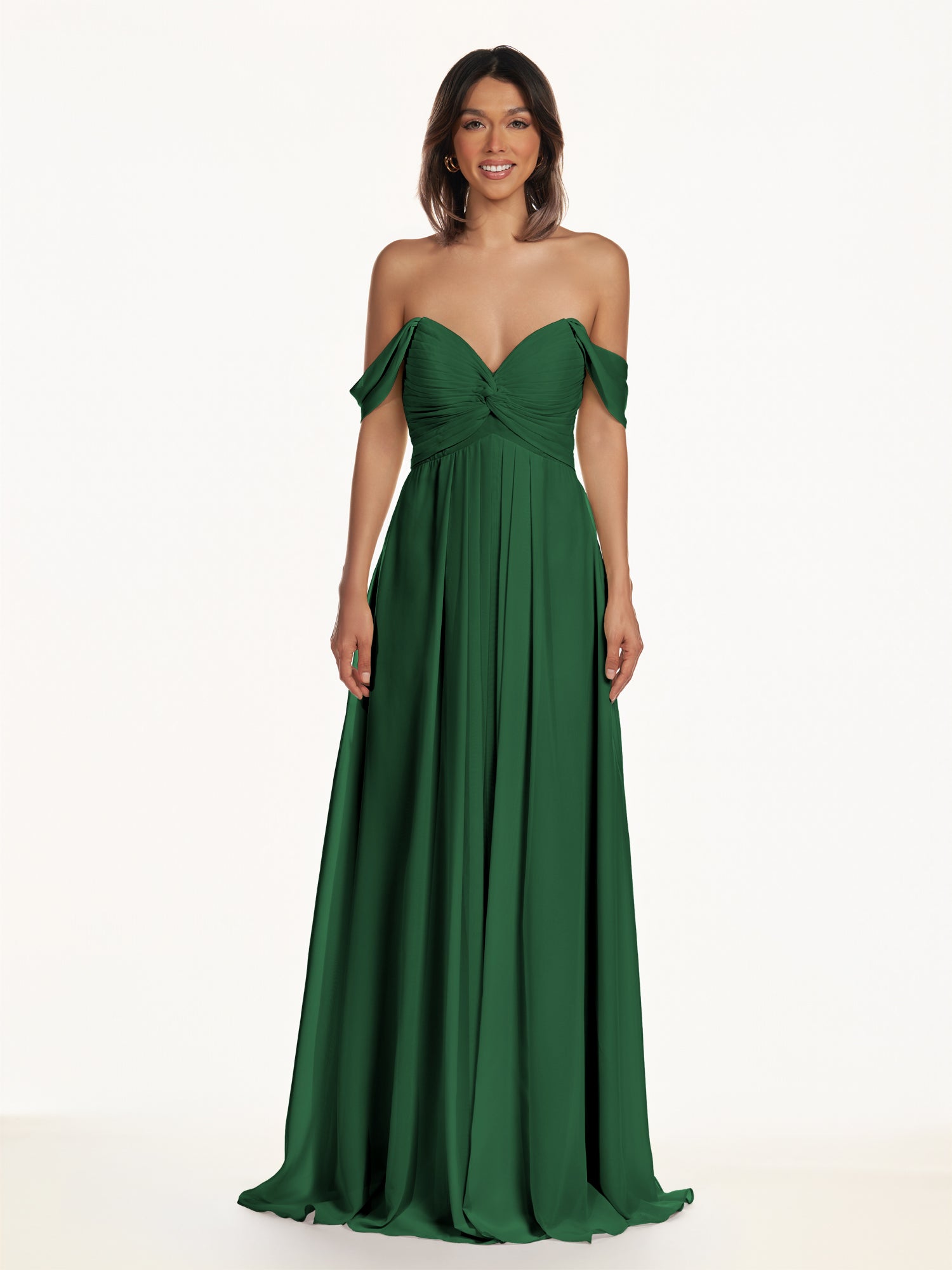 KissDress-Breona Dark Green A Line Chiffon Off the Shoulder Twisted Long Bridesmaid Dress