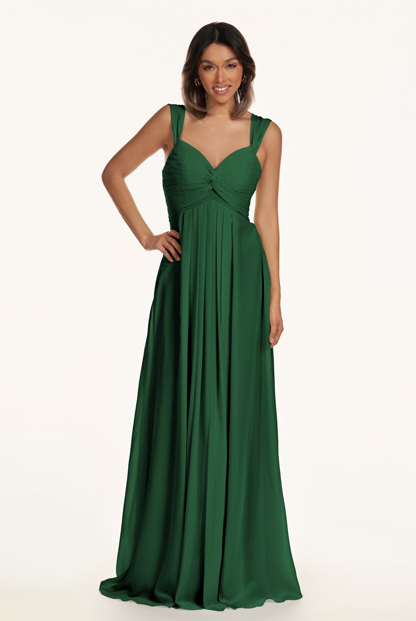 KissDress-Breona Dark Green A Line Chiffon Off the Shoulder Twisted Long Bridesmaid Dress