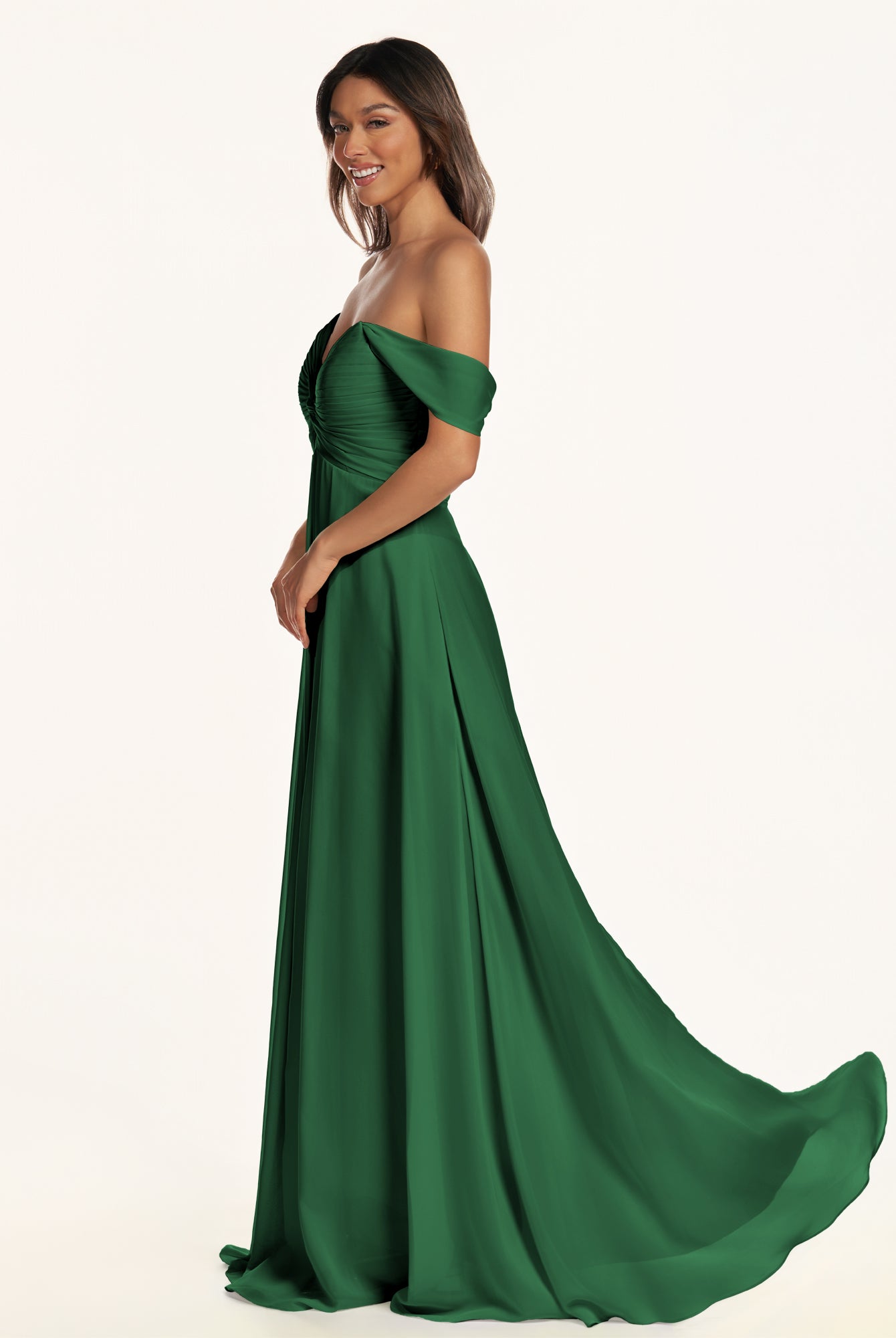 KissDress-Breona Dark Green A Line Chiffon Off the Shoulder Twisted Long Bridesmaid Dress