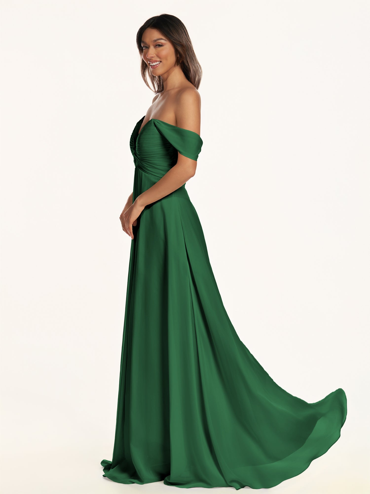 KissDress-Breona Dark Green A Line Chiffon Off the Shoulder Twisted Long Bridesmaid Dress