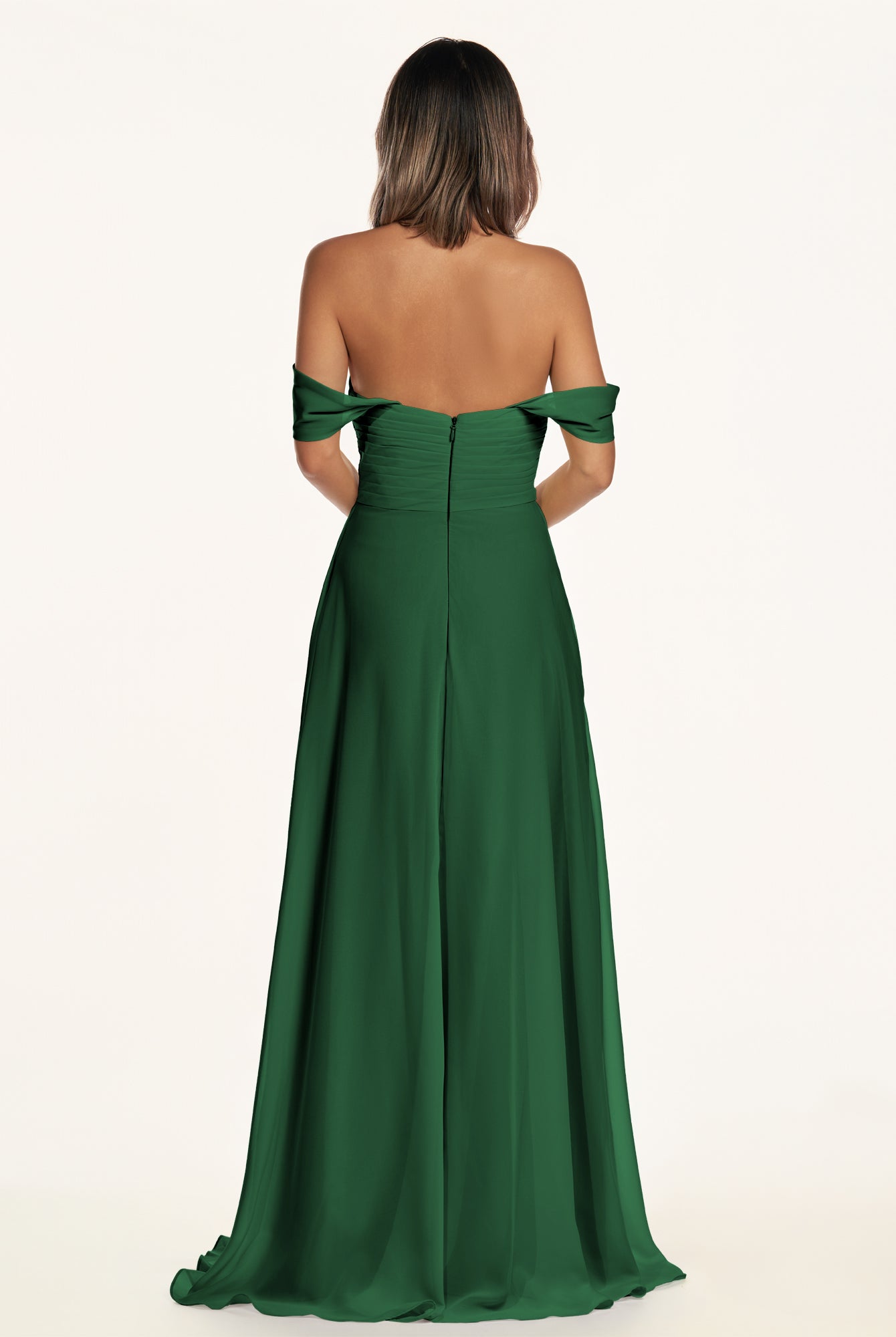 KissDress-Breona Dark Green A Line Chiffon Off the Shoulder Twisted Long Bridesmaid Dress