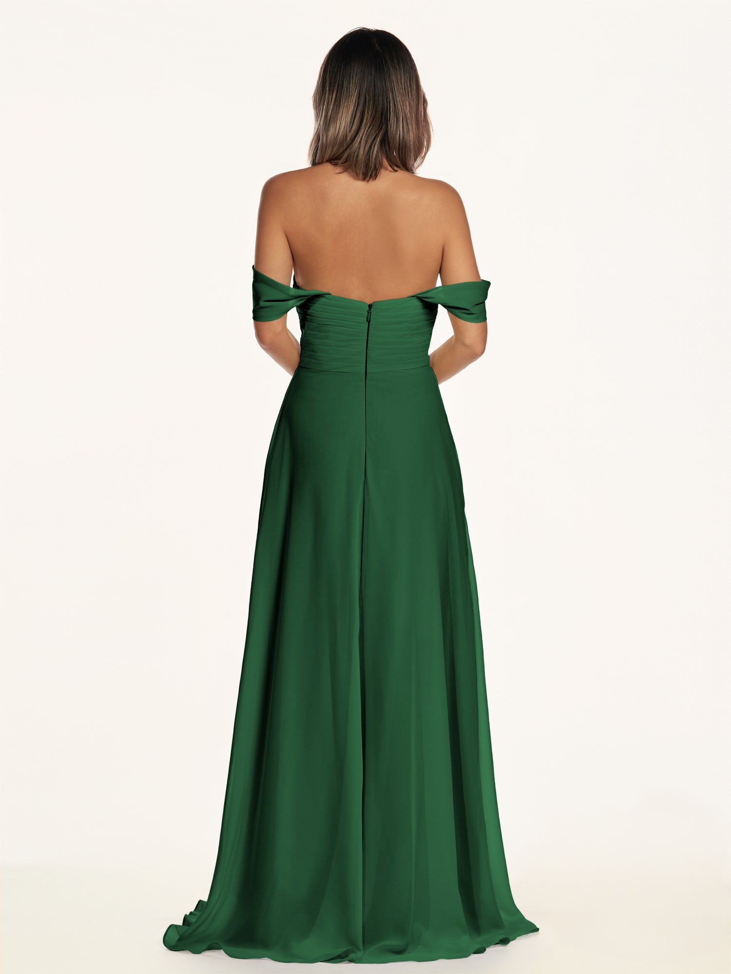 KissDress-Breona Dark Green A Line Chiffon Off the Shoulder Twisted Long Bridesmaid Dress