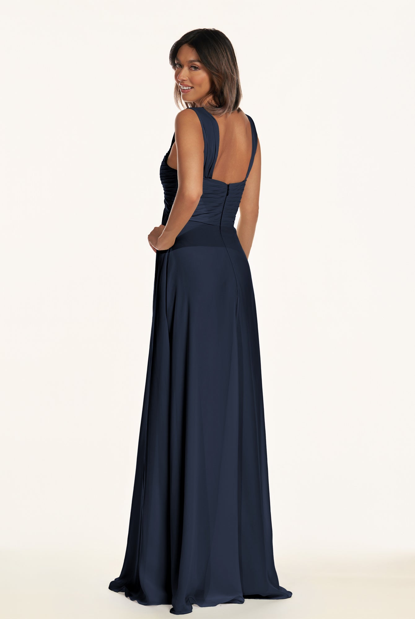 KissDress-Breona Dark Navy A Line Chiffon Off the Shoulder Twisted Long Bridesmaid Dress