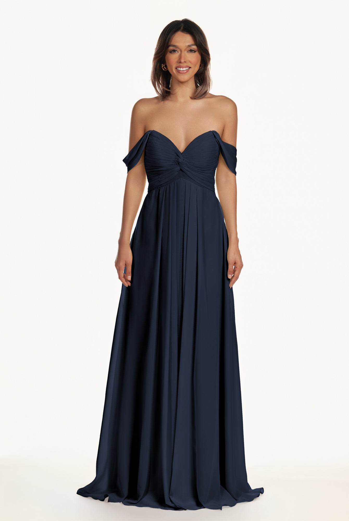 KissDress-Breona Dark Navy A Line Chiffon Off the Shoulder Twisted Long Bridesmaid Dress