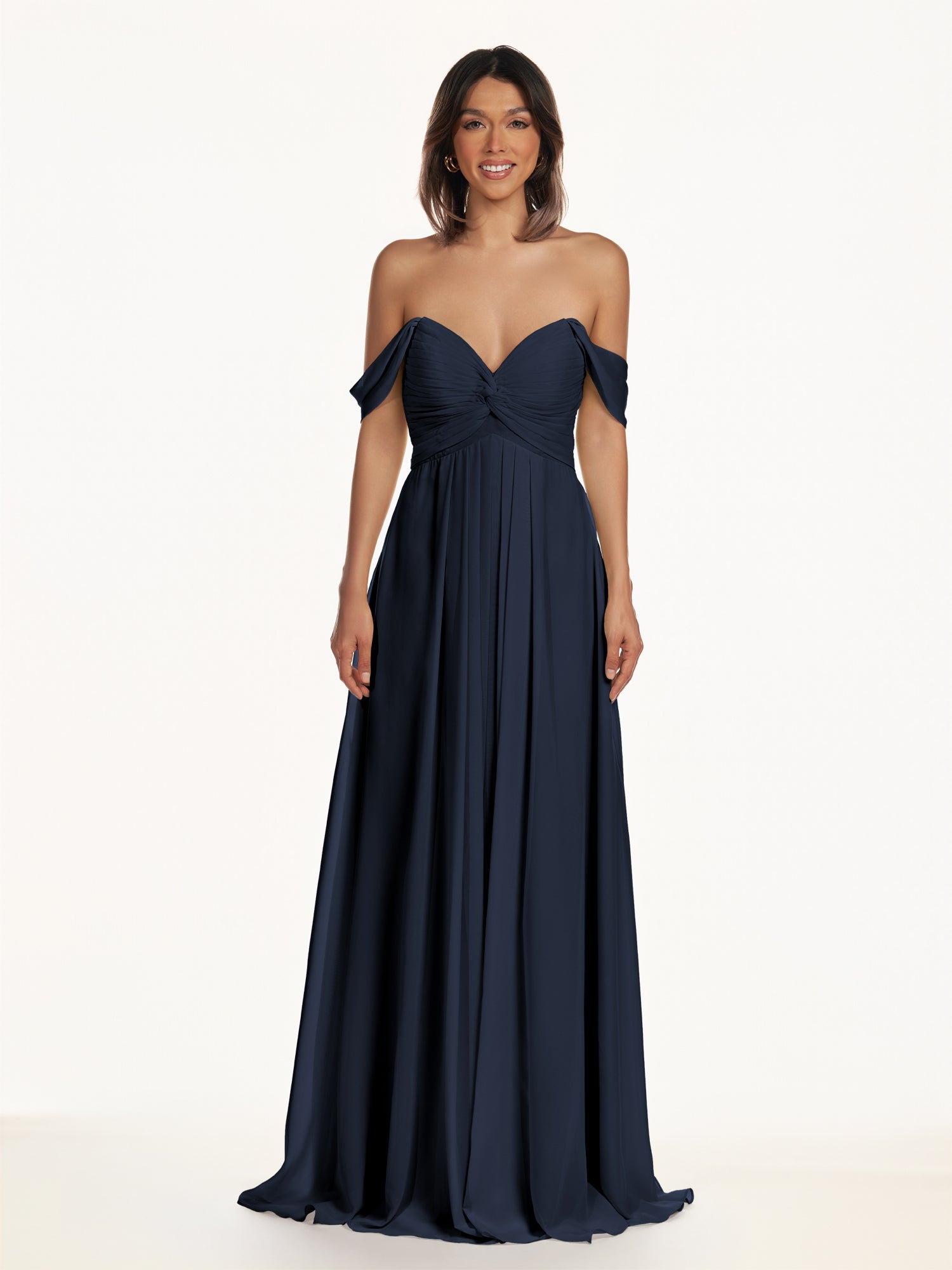 KissDress-Breona Dark Navy A Line Chiffon Off the Shoulder Twisted Long Bridesmaid Dress