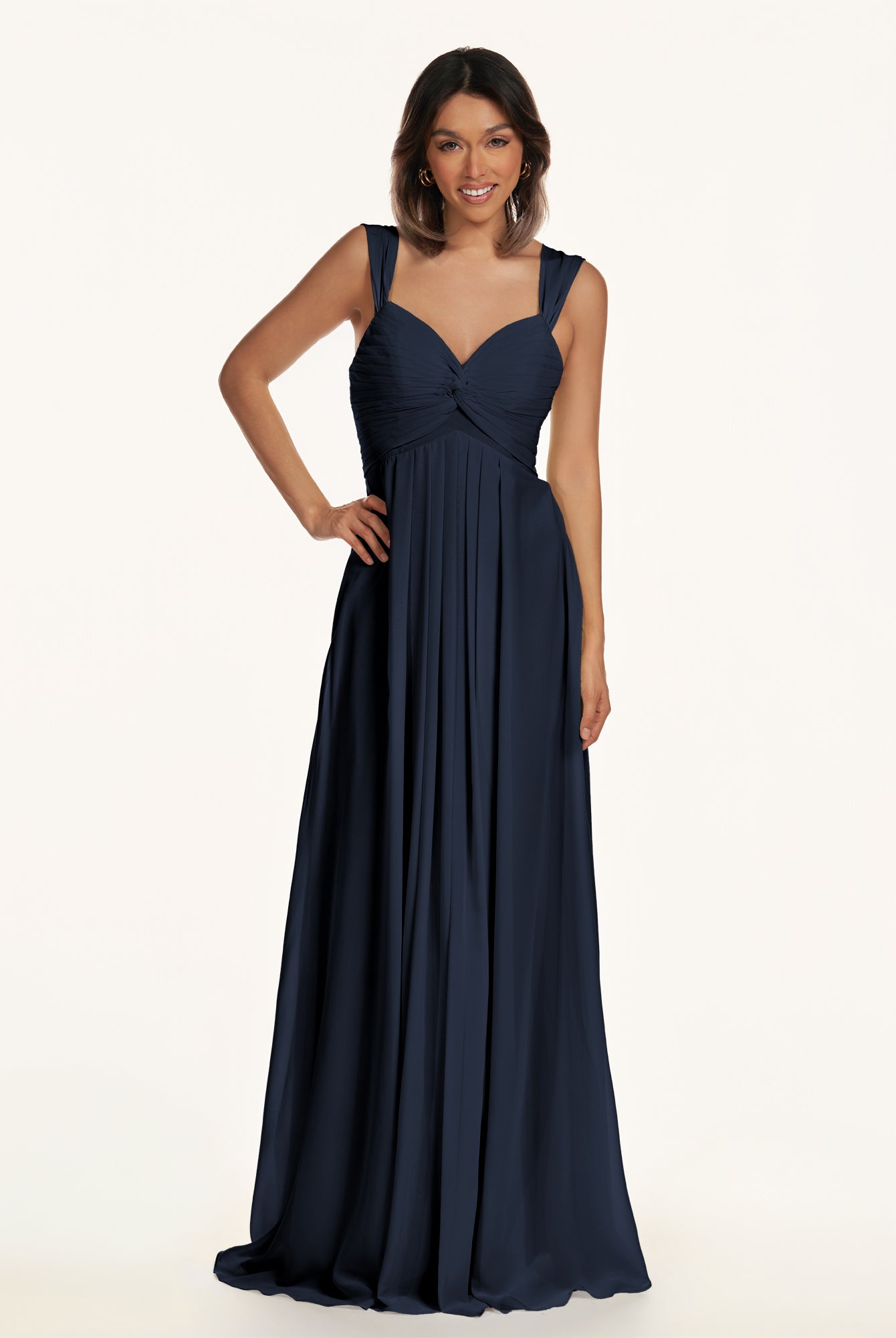KissDress-Breona Dark Navy A Line Chiffon Off the Shoulder Twisted Long Bridesmaid Dress