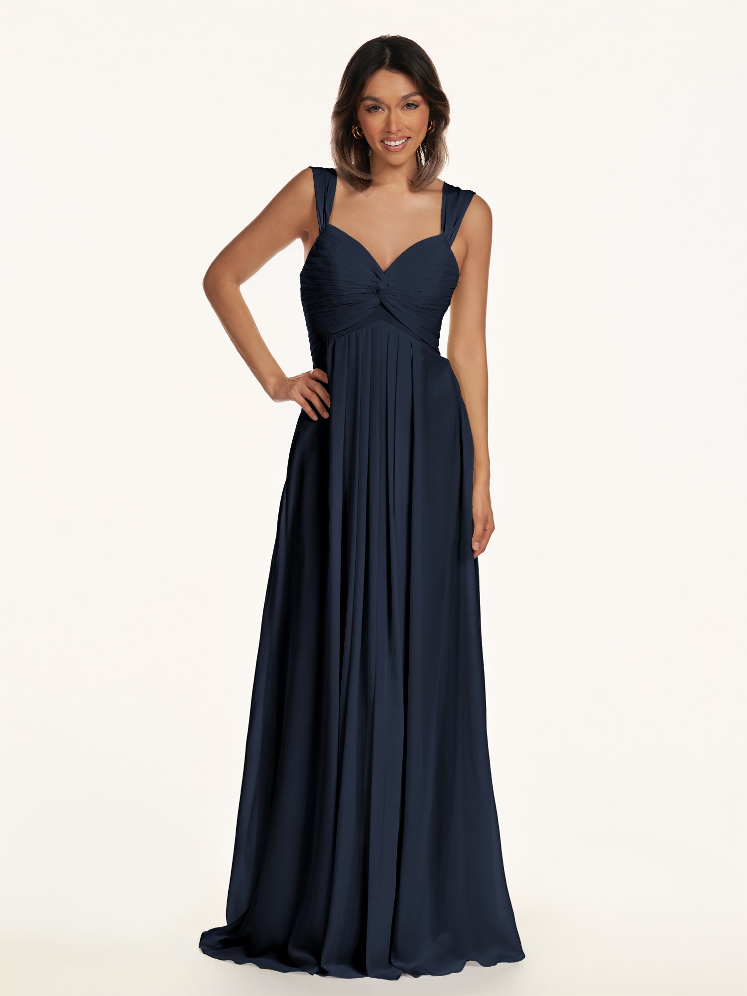 KissDress-Breona Dark Navy A Line Chiffon Off the Shoulder Twisted Long Bridesmaid Dress