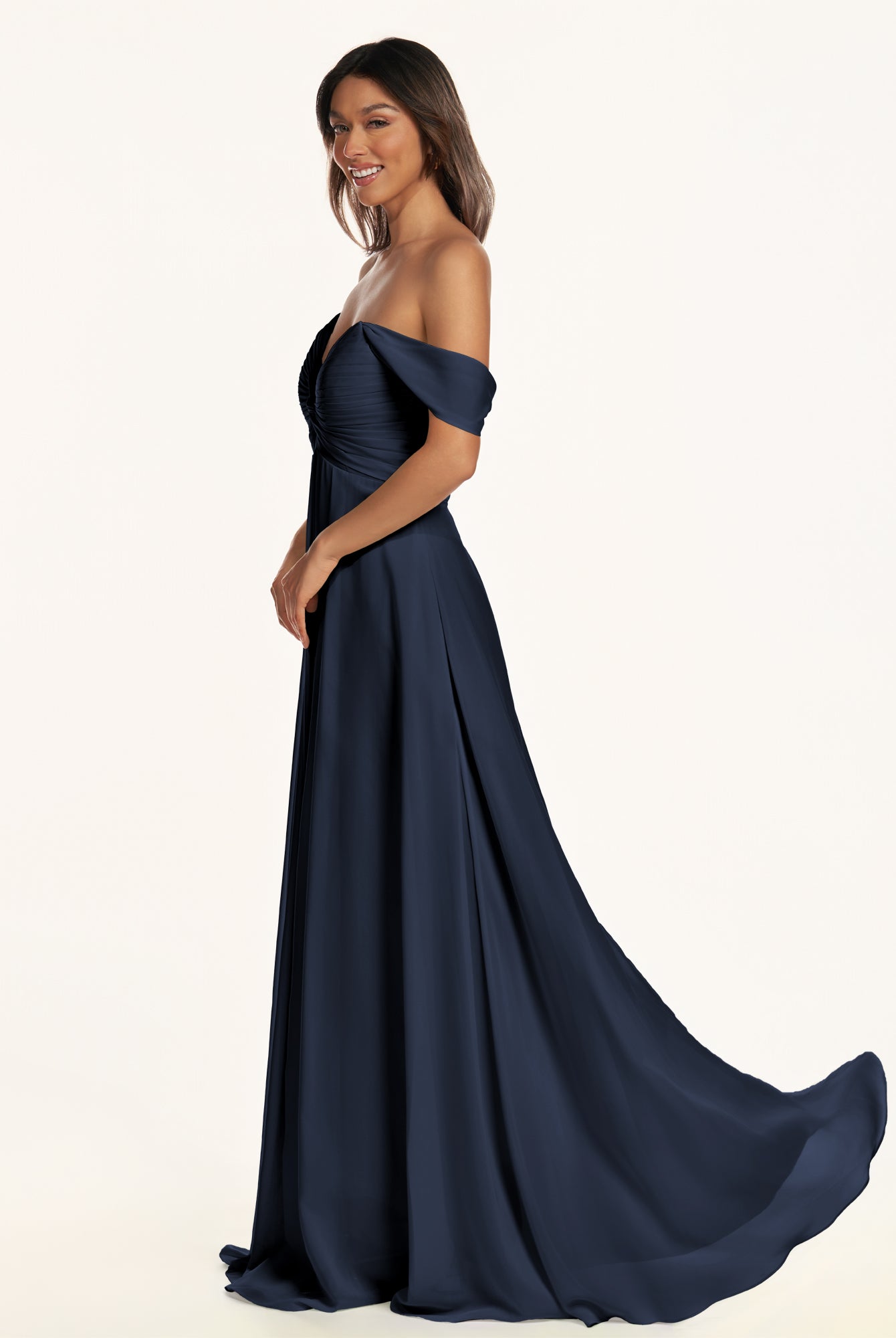 KissDress-Breona Dark Navy A Line Chiffon Off the Shoulder Twisted Long Bridesmaid Dress