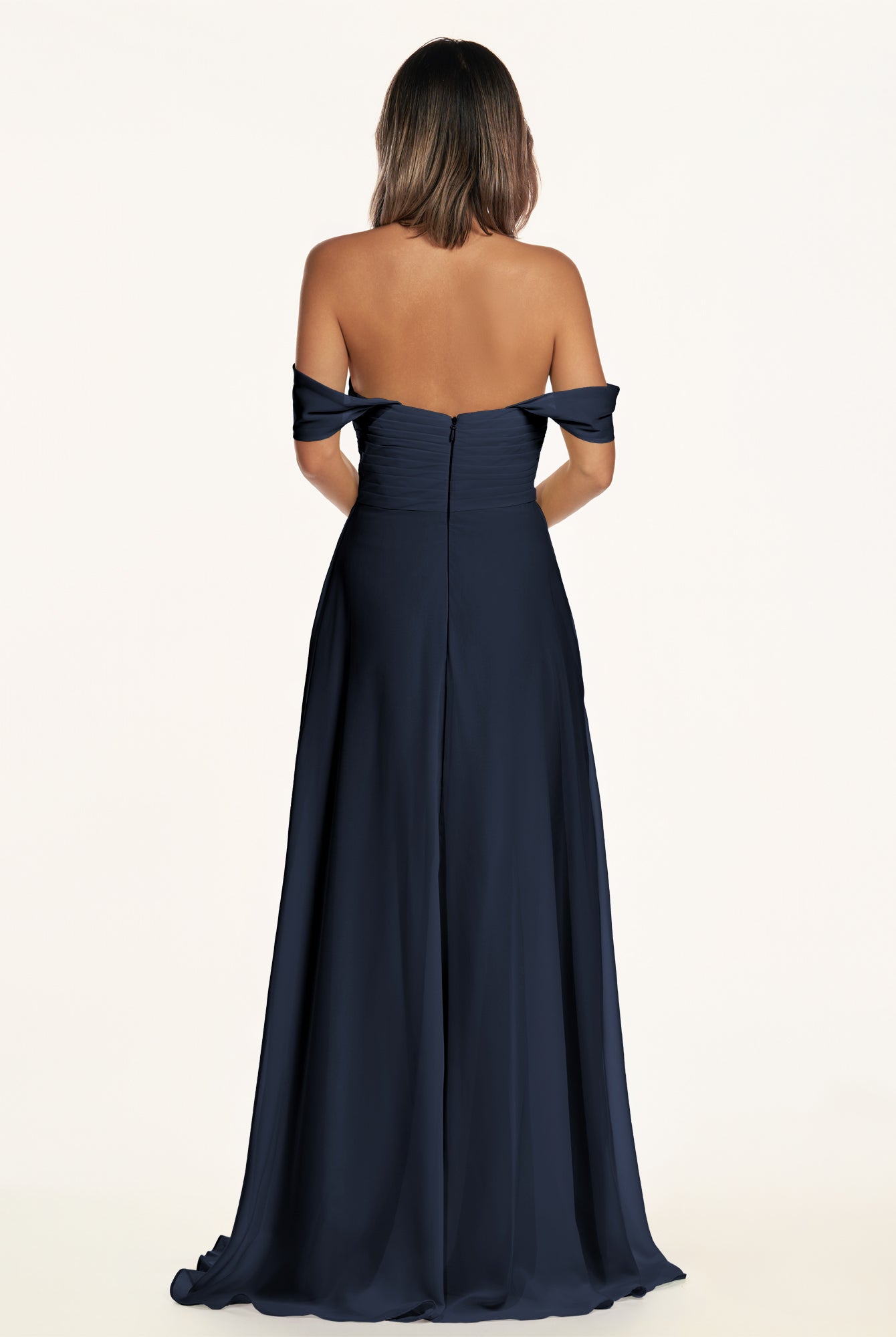 KissDress-Breona Dark Navy A Line Chiffon Off the Shoulder Twisted Long Bridesmaid Dress