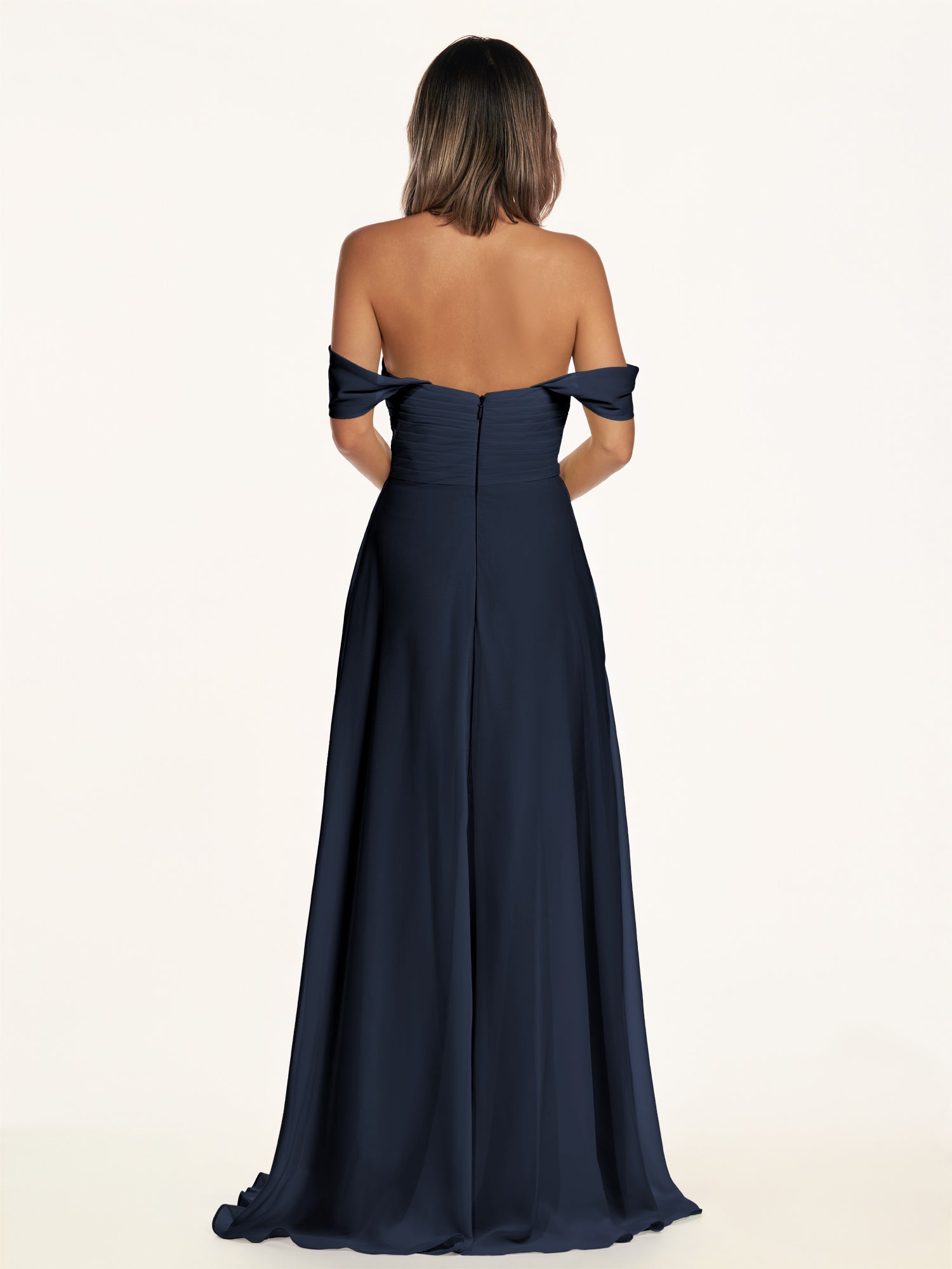 KissDress-Breona Dark Navy A Line Chiffon Off the Shoulder Twisted Long Bridesmaid Dress