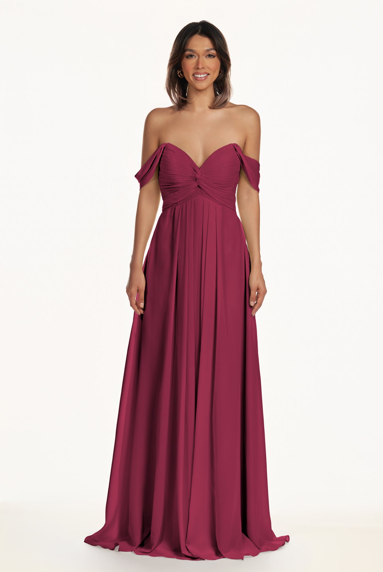 KissDress-Breona Desert Rose A Line Chiffon Off the Shoulder Twisted Long Bridesmaid Dress