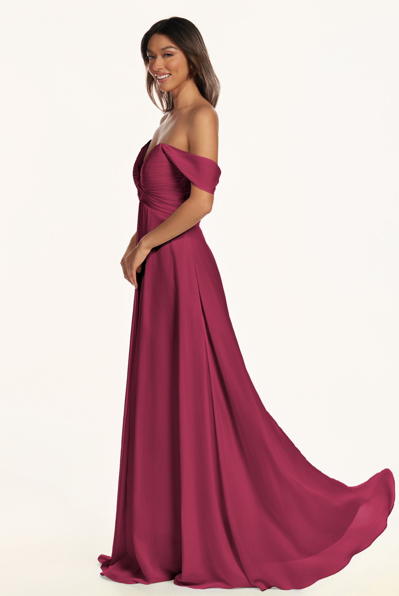 KissDress-Breona Desert Rose A Line Chiffon Off the Shoulder Twisted Long Bridesmaid Dress