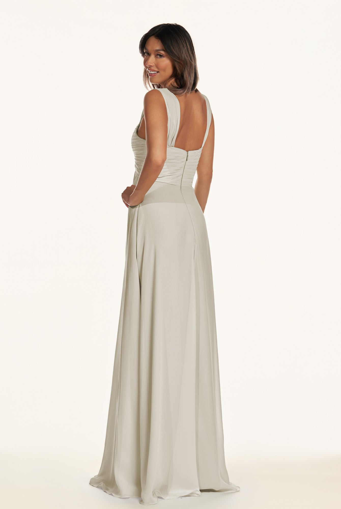 KissDress-Breona Dove Gray A Line Chiffon Off the Shoulder Twisted Long Bridesmaid Dress