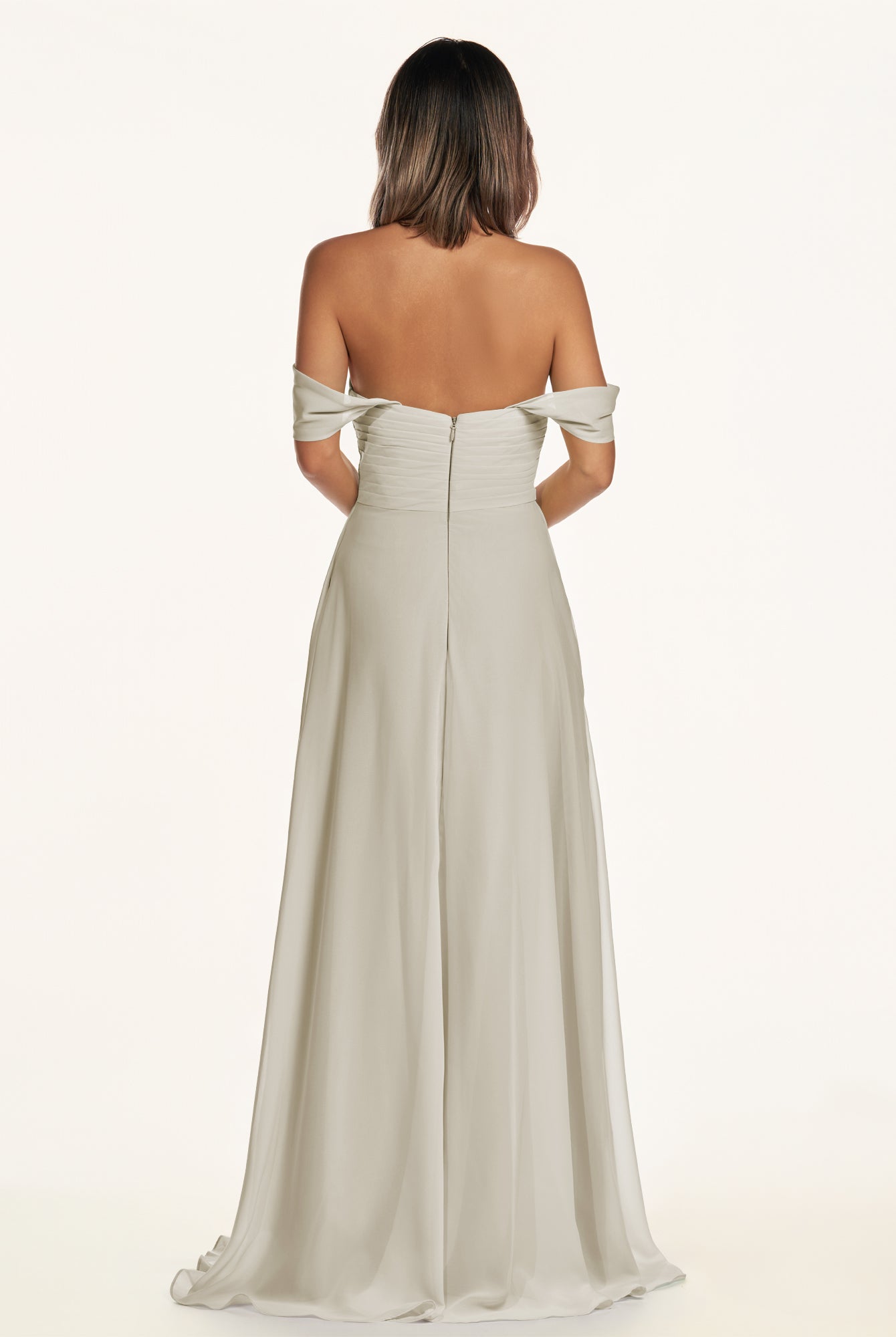 KissDress-Breona Dove Gray A Line Chiffon Off the Shoulder Twisted Long Bridesmaid Dress