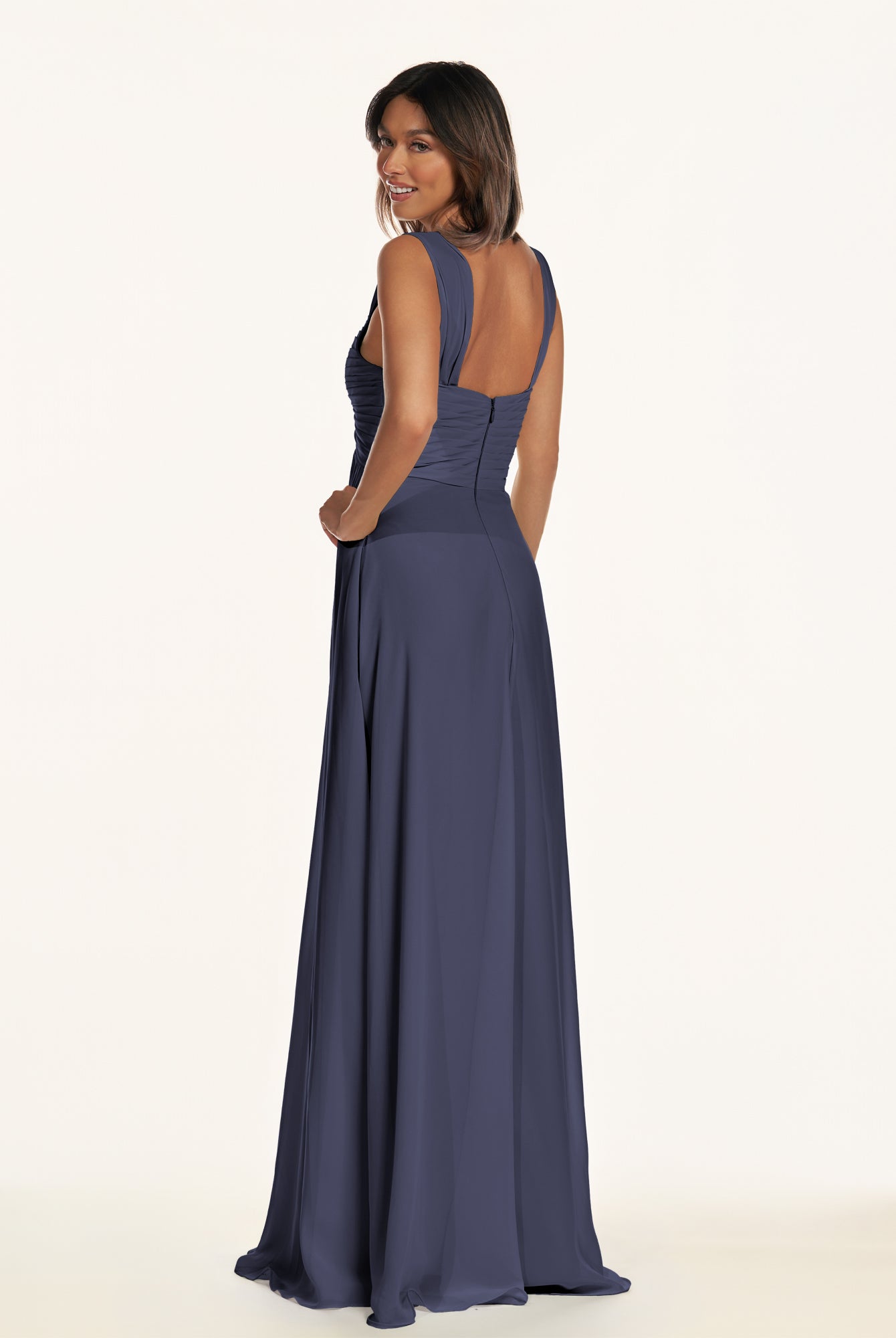 KissDress-Breona Dusk Blue A Line Chiffon Off the Shoulder Twisted Long Bridesmaid Dress