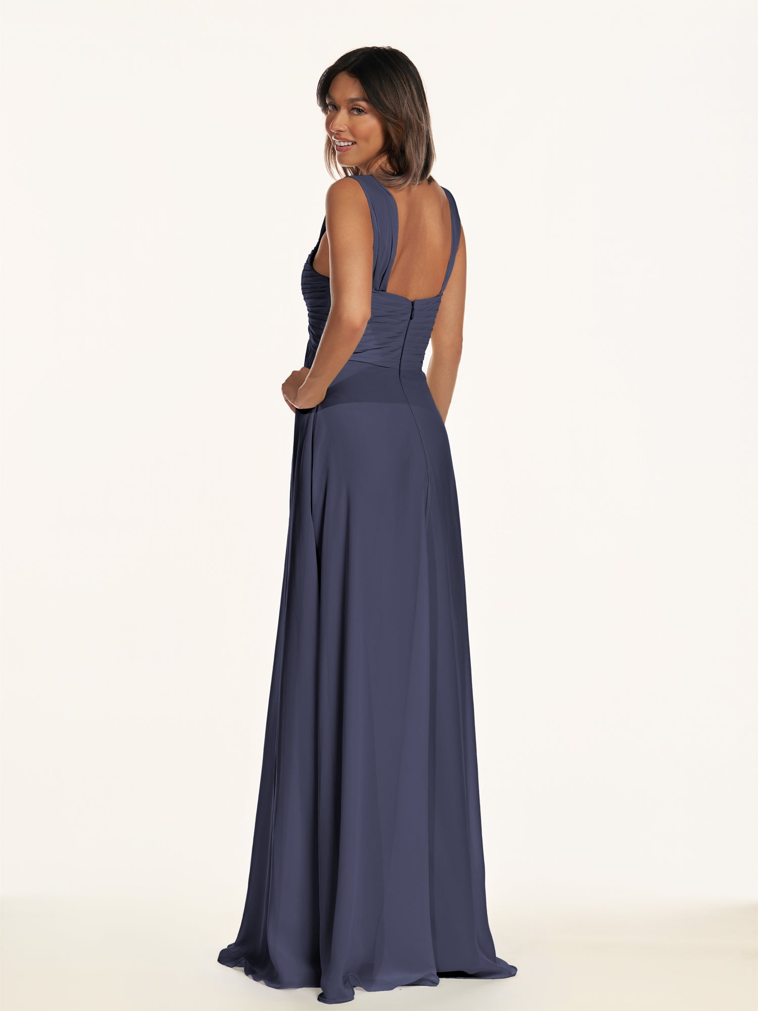 KissDress-Breona Dusk Blue A Line Chiffon Off the Shoulder Twisted Long Bridesmaid Dress