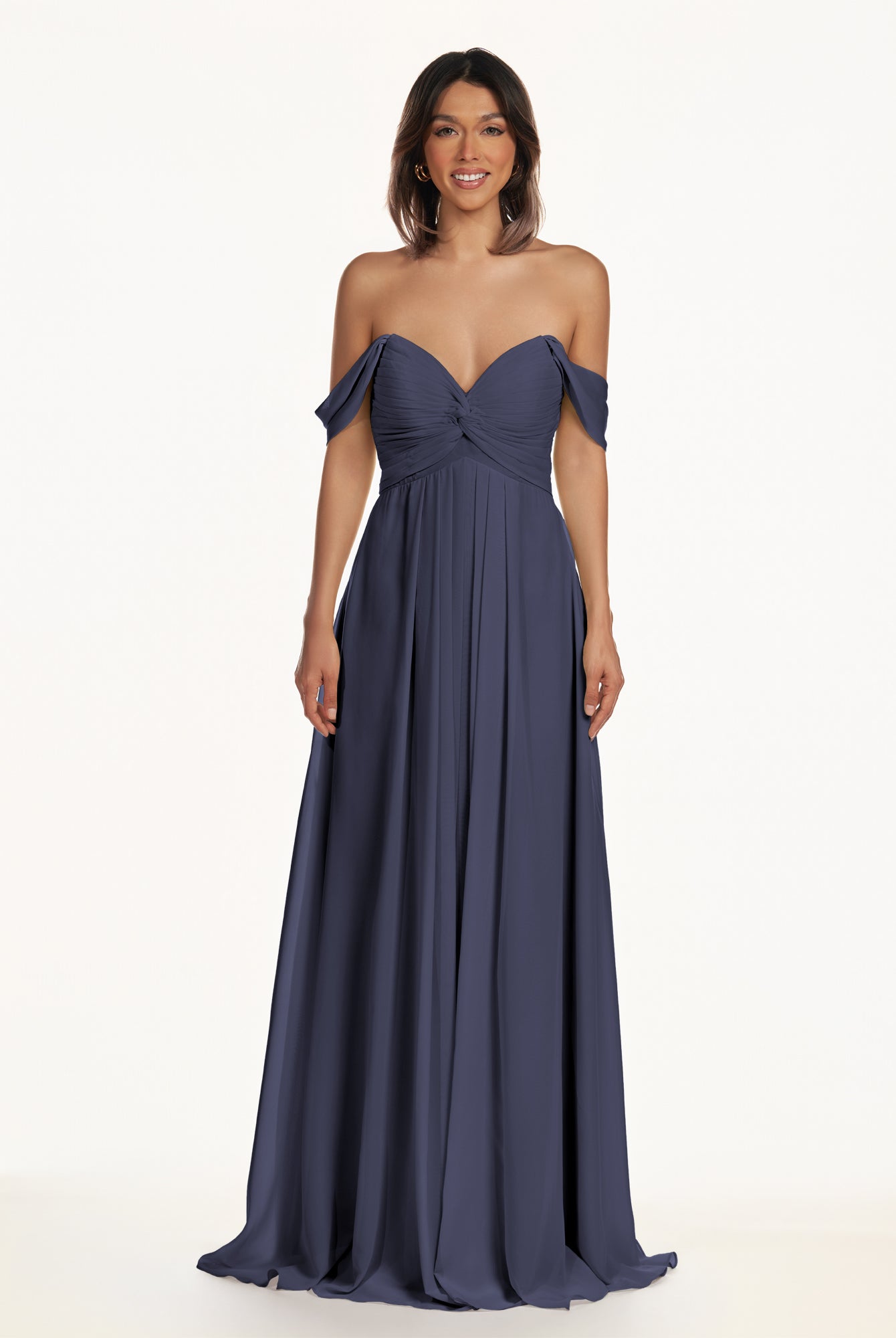 KissDress-Breona Dusk Blue A Line Chiffon Off the Shoulder Twisted Long Bridesmaid Dress