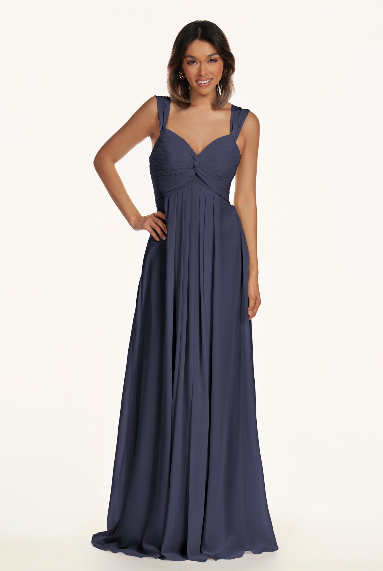 KissDress-Breona Dusk Blue A Line Chiffon Off the Shoulder Twisted Long Bridesmaid Dress