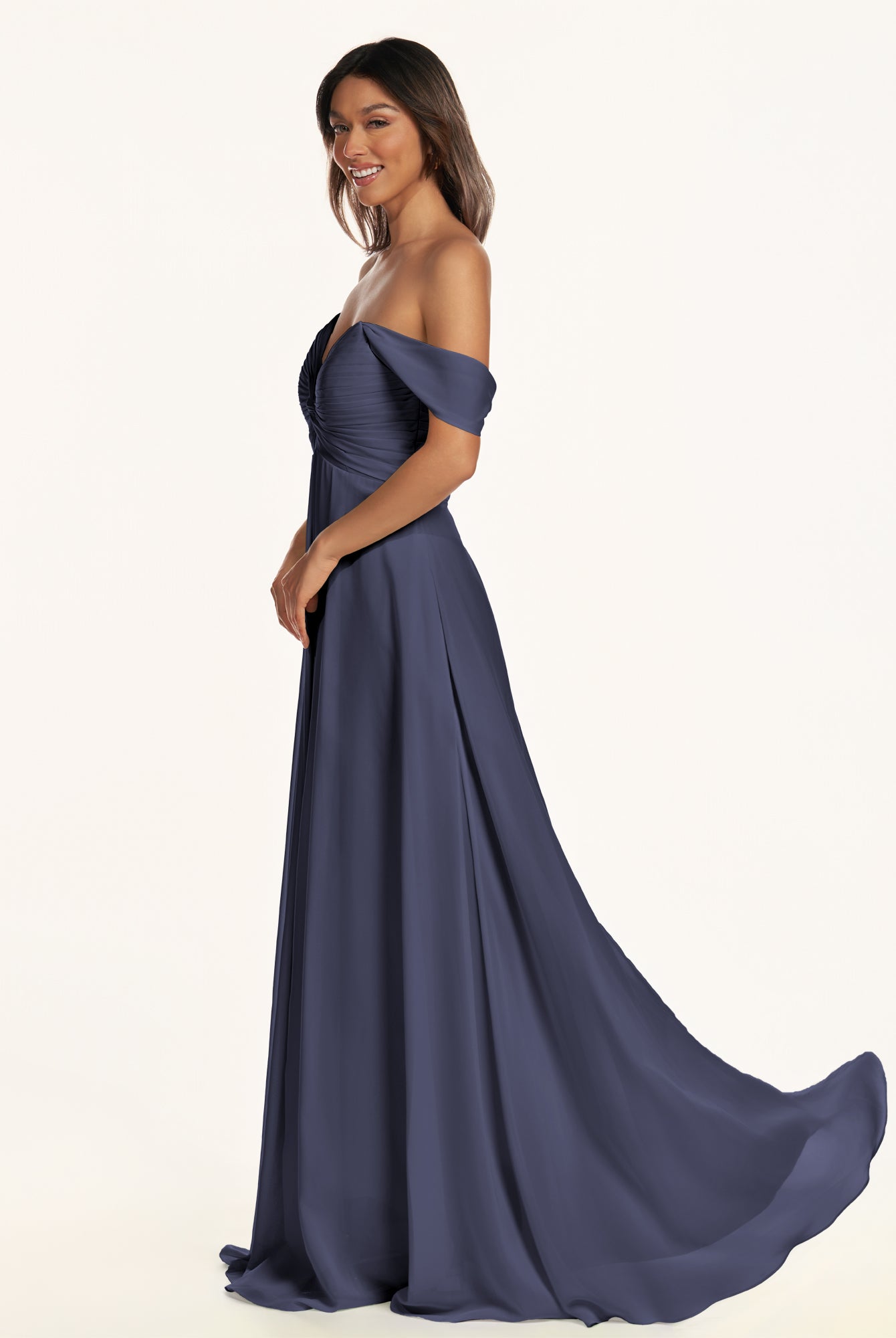 KissDress-Breona Dusk Blue A Line Chiffon Off the Shoulder Twisted Long Bridesmaid Dress