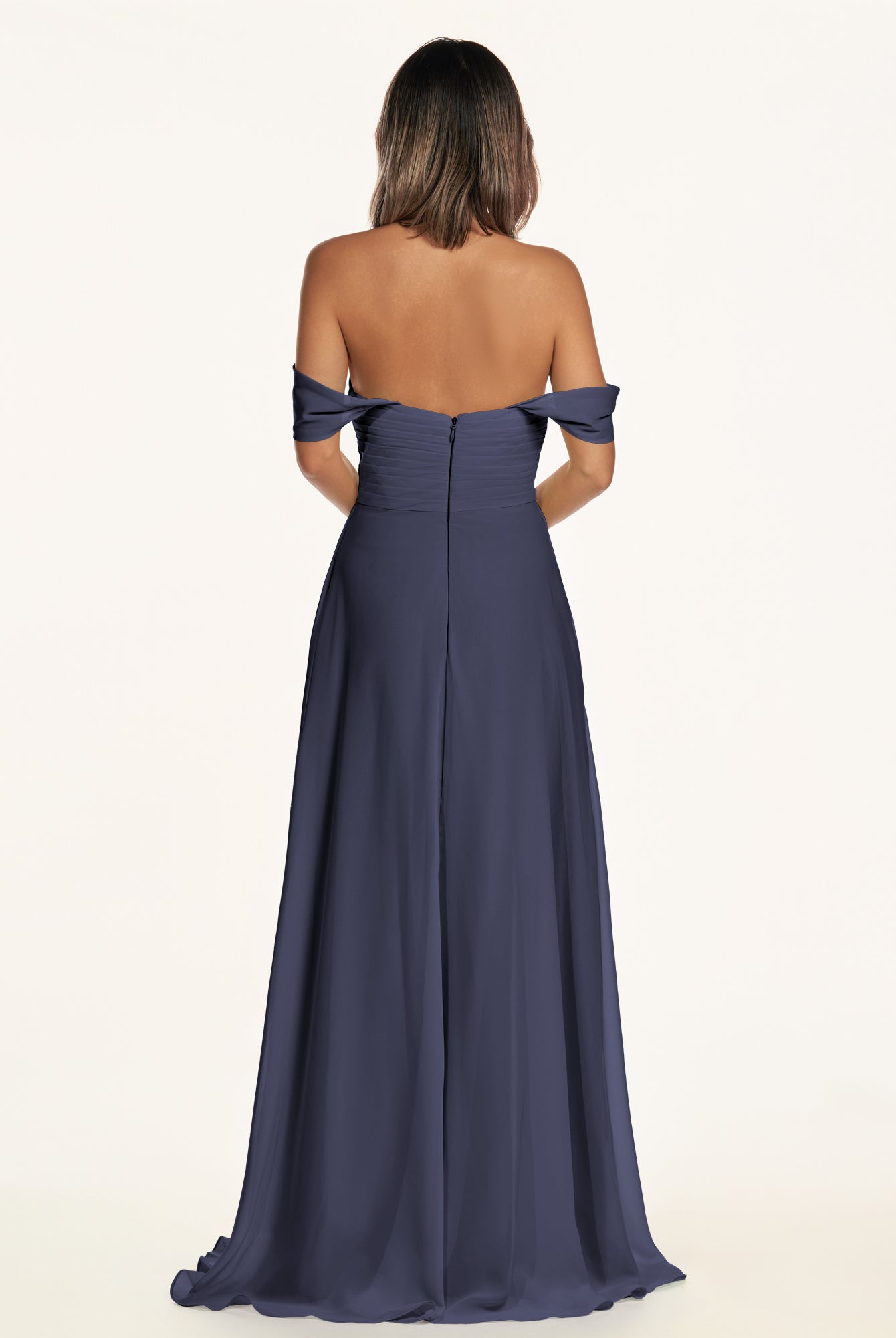 KissDress-Breona Dusk Blue A Line Chiffon Off the Shoulder Twisted Long Bridesmaid Dress