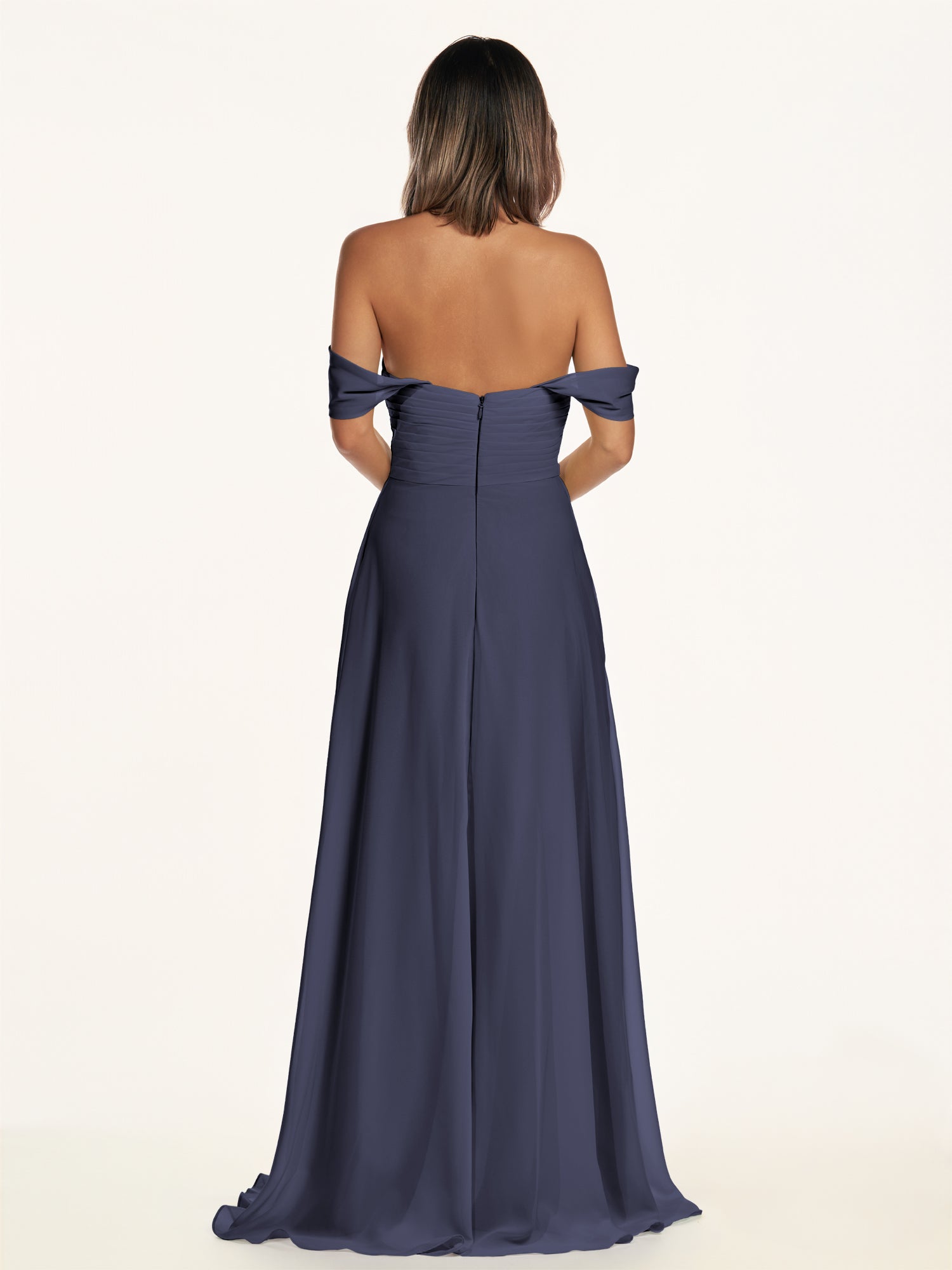 KissDress-Breona Dusk Blue A Line Chiffon Off the Shoulder Twisted Long Bridesmaid Dress
