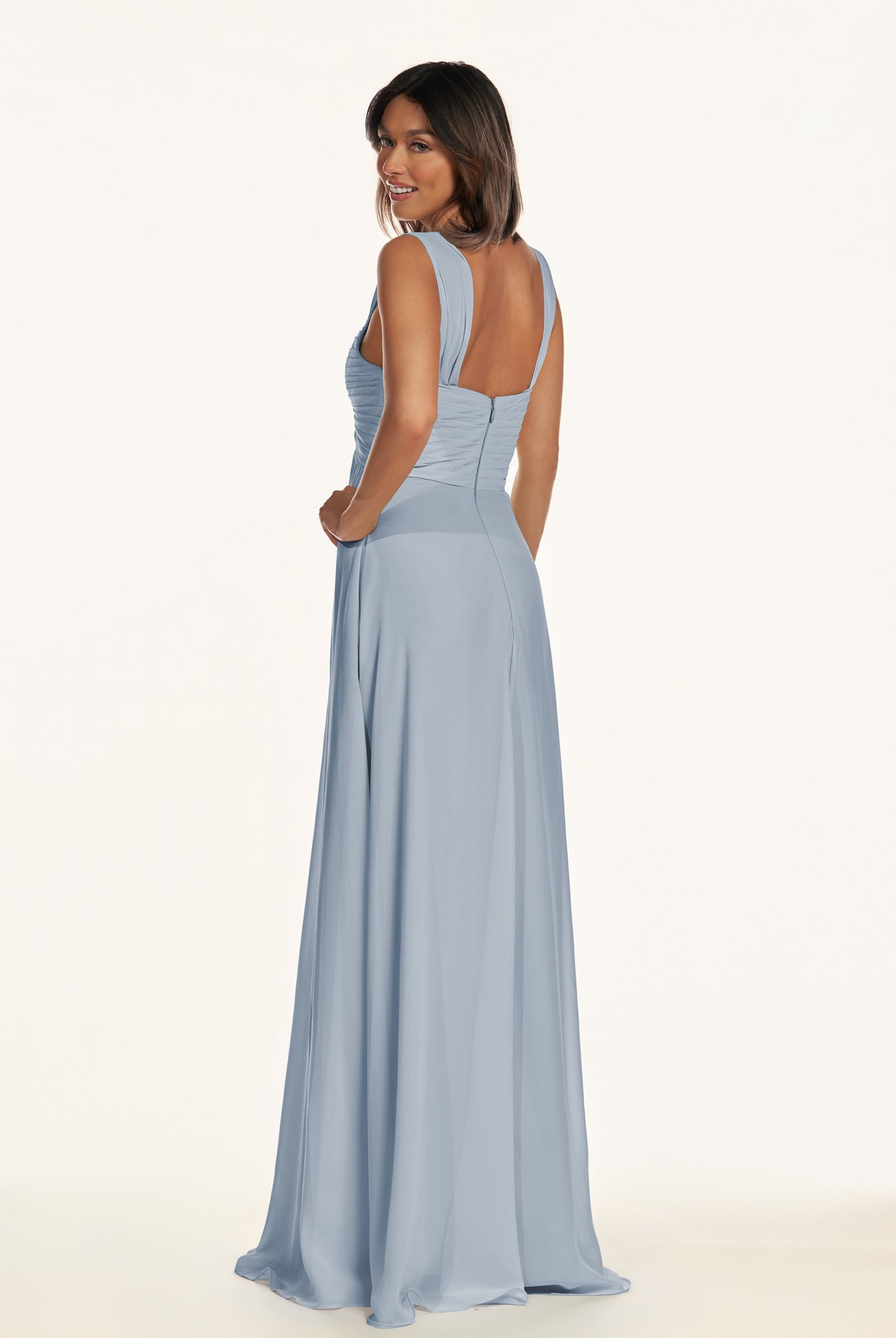 KissDress-Breona Dusty Blue A Line Chiffon Off the Shoulder Twisted Long Bridesmaid Dress