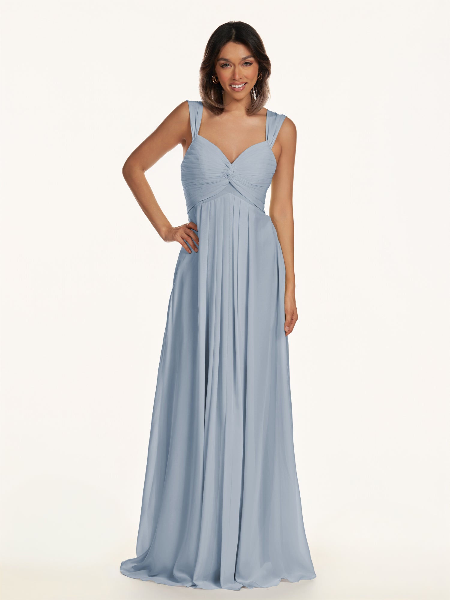 KissDress-Breona Dusty Blue A Line Chiffon Off the Shoulder Twisted Long Bridesmaid Dress