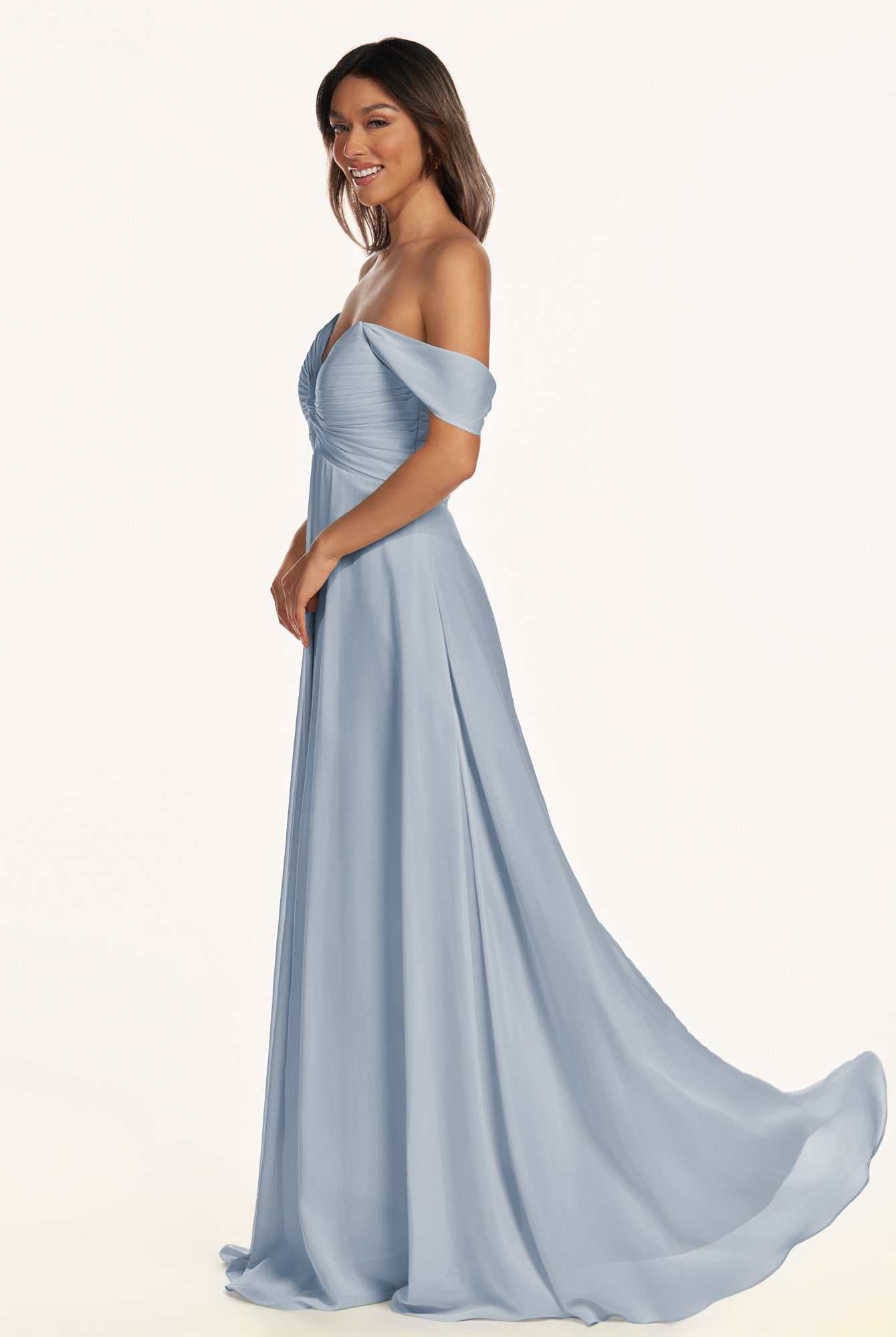 KissDress-Breona Dusty Blue A Line Chiffon Off the Shoulder Twisted Long Bridesmaid Dress
