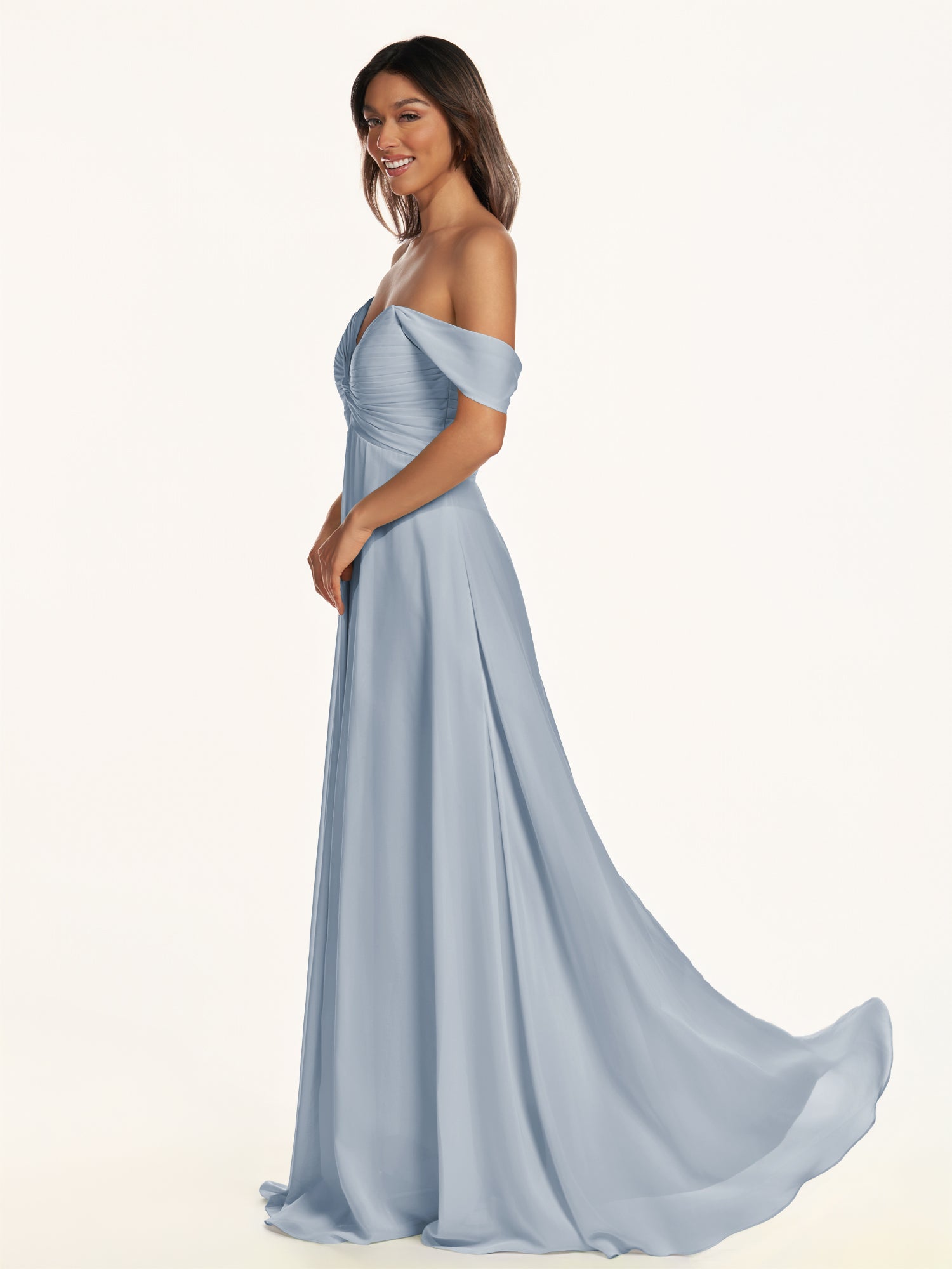 KissDress-Breona Dusty Blue A Line Chiffon Off the Shoulder Twisted Long Bridesmaid Dress