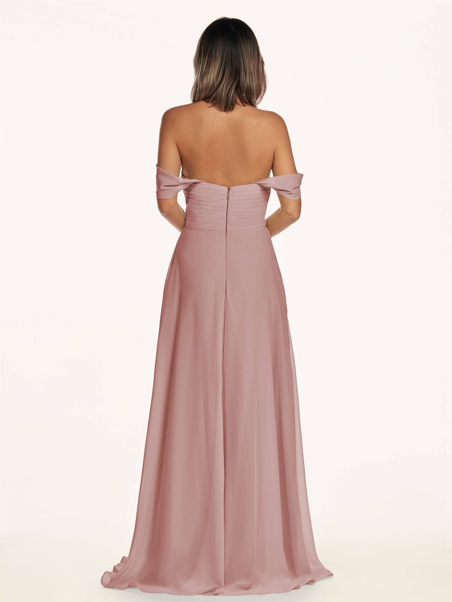 KissDress-Breona Dusty Rose A Line Chiffon Off the Shoulder Twisted Long Bridesmaid Dress
