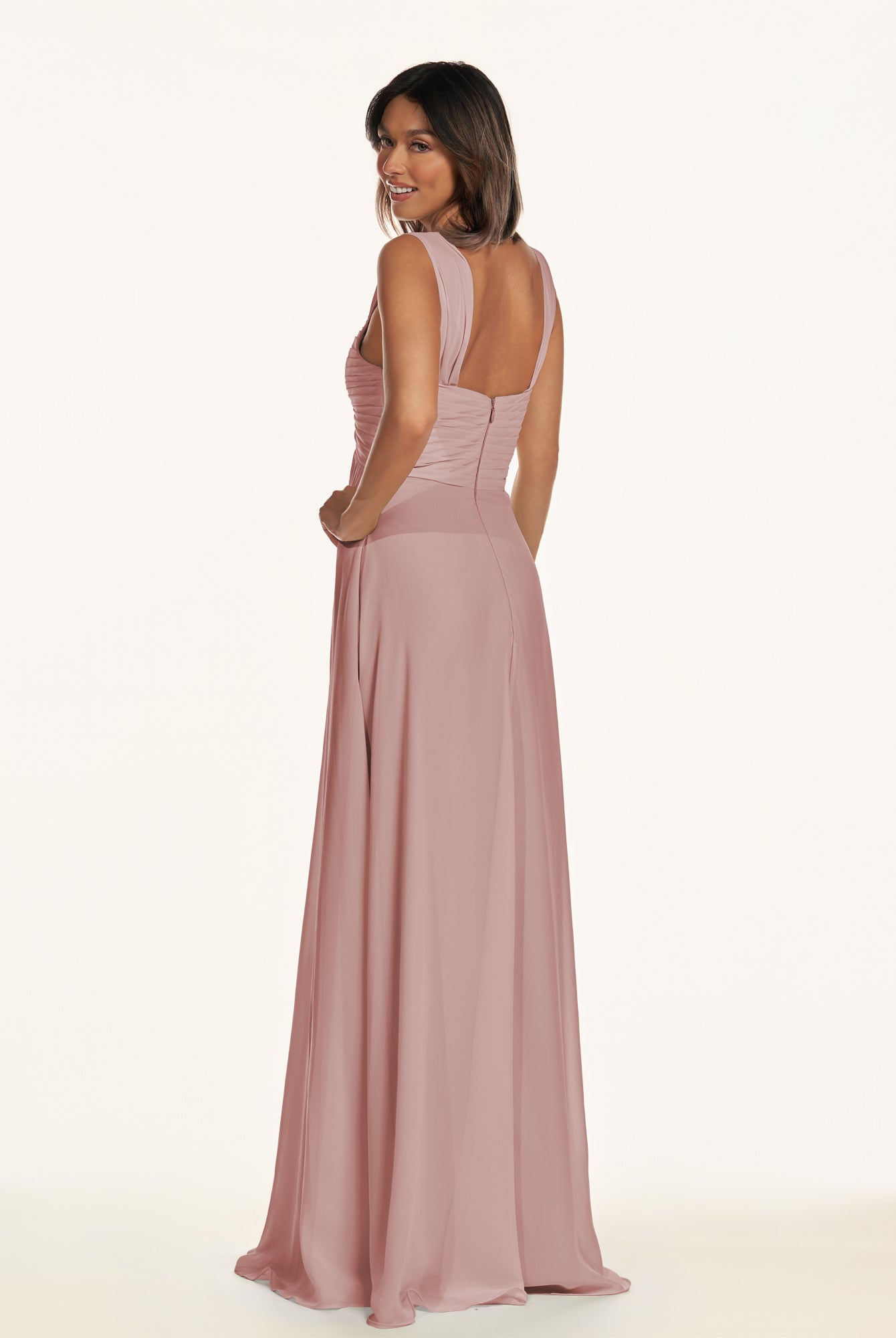 KissDress-Breona Dusty Rose A Line Chiffon Off the Shoulder Twisted Long Bridesmaid Dress