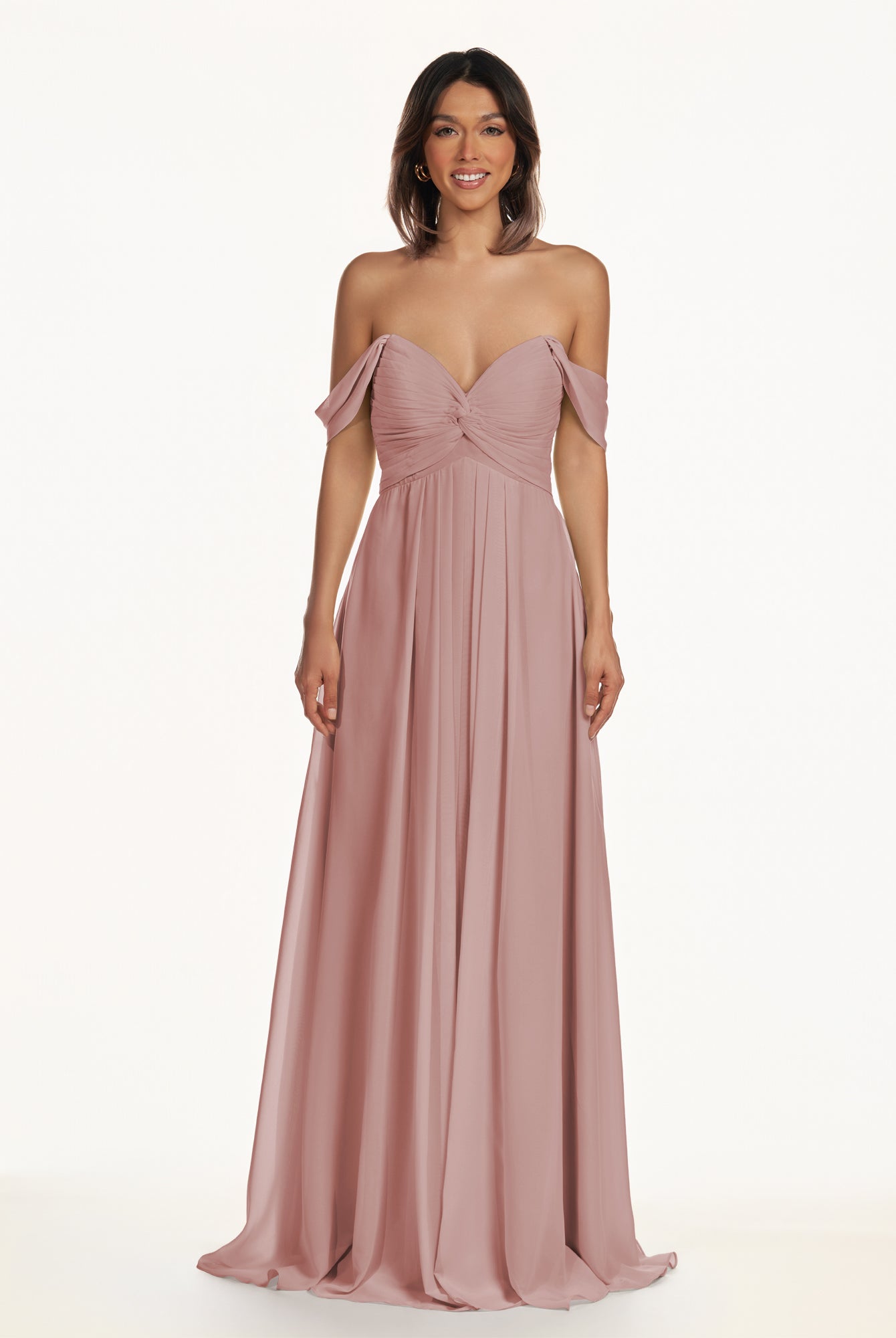 KissDress-Breona Dusty Rose A Line Chiffon Off the Shoulder Twisted Long Bridesmaid Dress