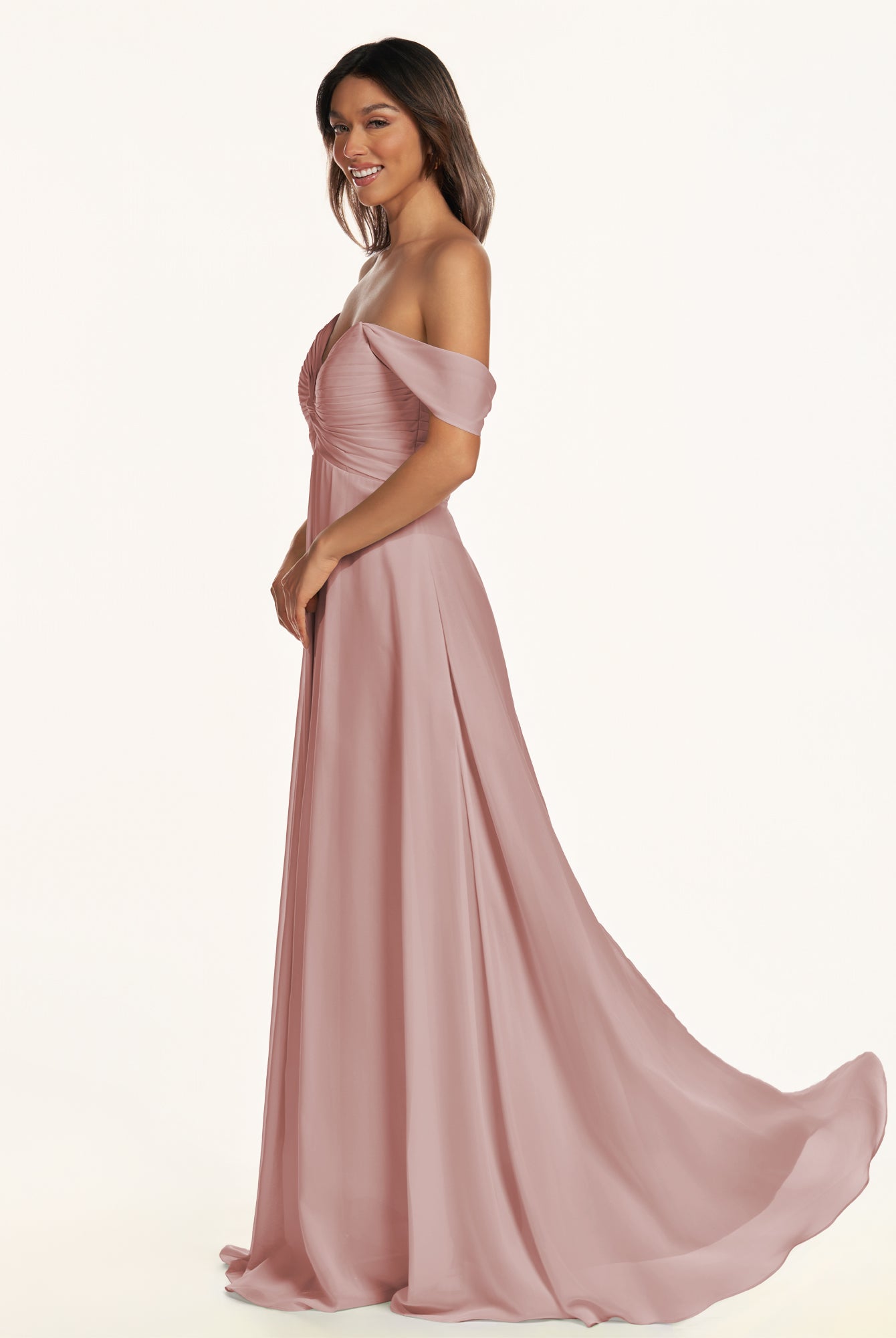 KissDress-Breona Dusty Rose A Line Chiffon Off the Shoulder Twisted Long Bridesmaid Dress