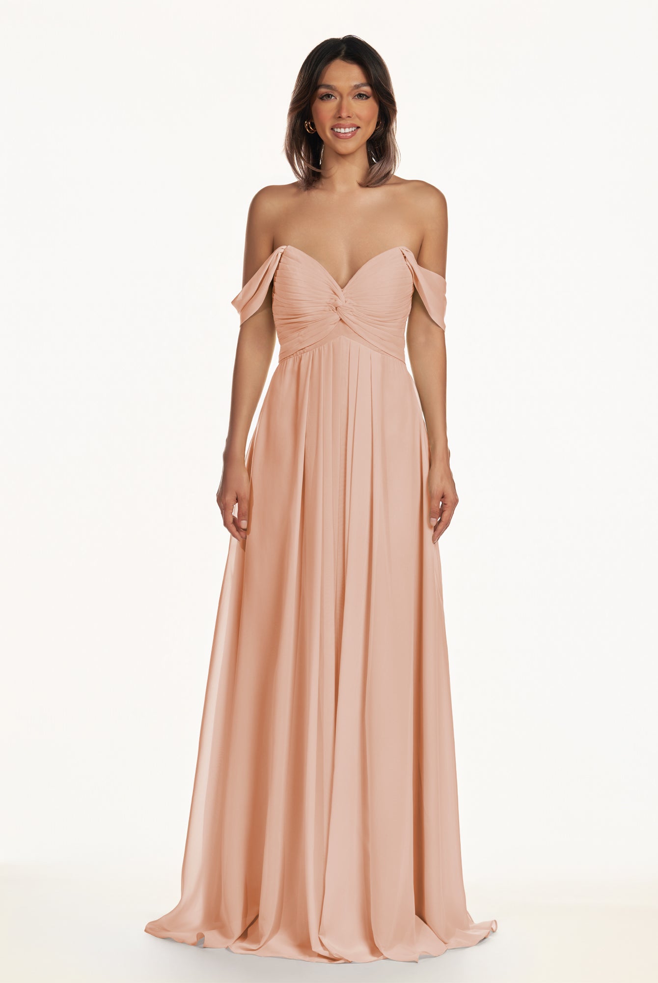 KissDress-Breona English Rose A Line Chiffon Off the Shoulder Twisted Long Bridesmaid Dress