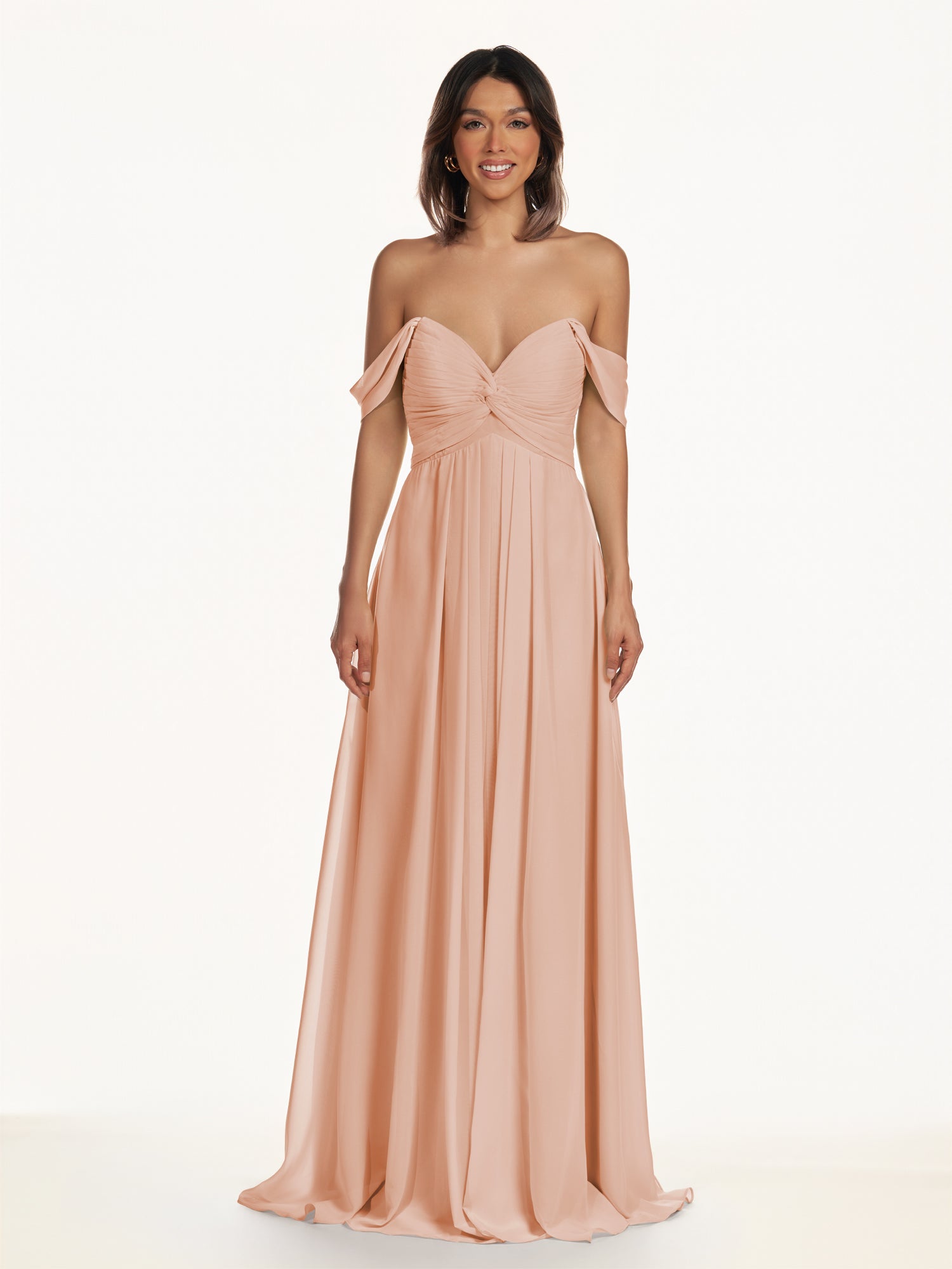 KissDress-Breona English Rose A Line Chiffon Off the Shoulder Twisted Long Bridesmaid Dress
