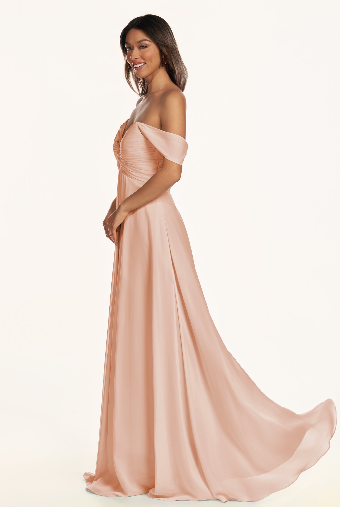 KissDress-Breona English Rose A Line Chiffon Off the Shoulder Twisted Long Bridesmaid Dress