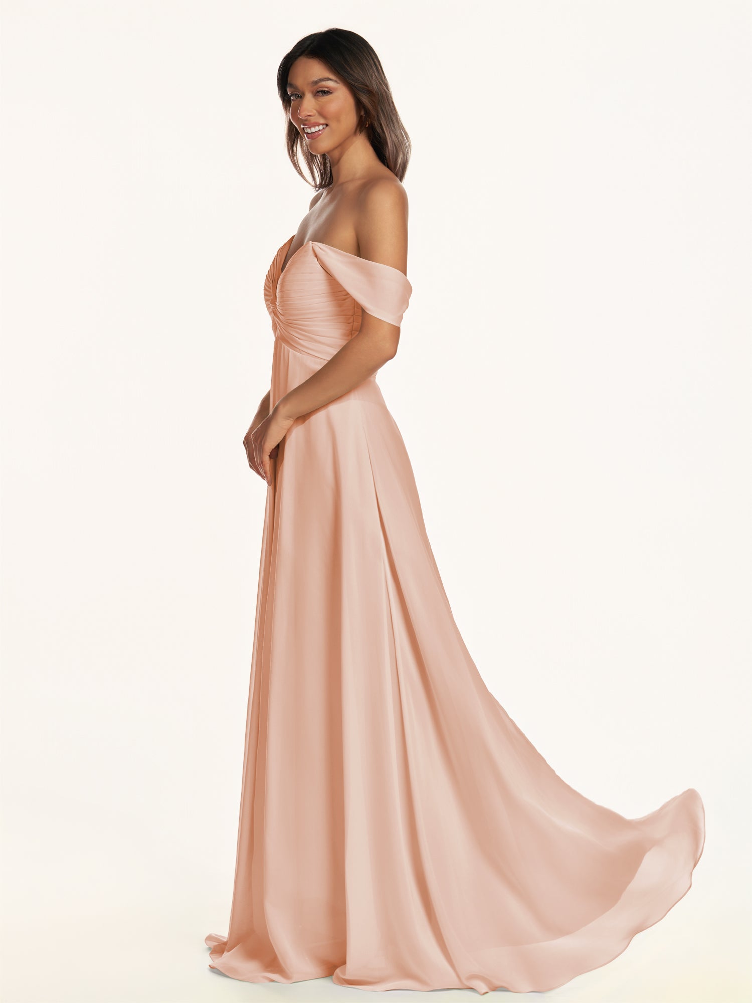 KissDress-Breona English Rose A Line Chiffon Off the Shoulder Twisted Long Bridesmaid Dress