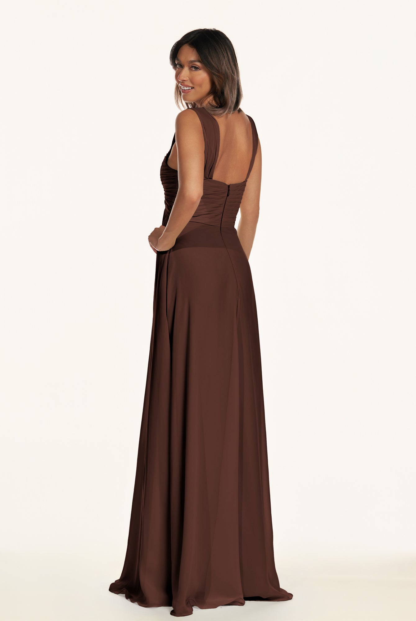 KissDress-Breona Espresso A Line Chiffon Off the Shoulder Twisted Long Bridesmaid Dress